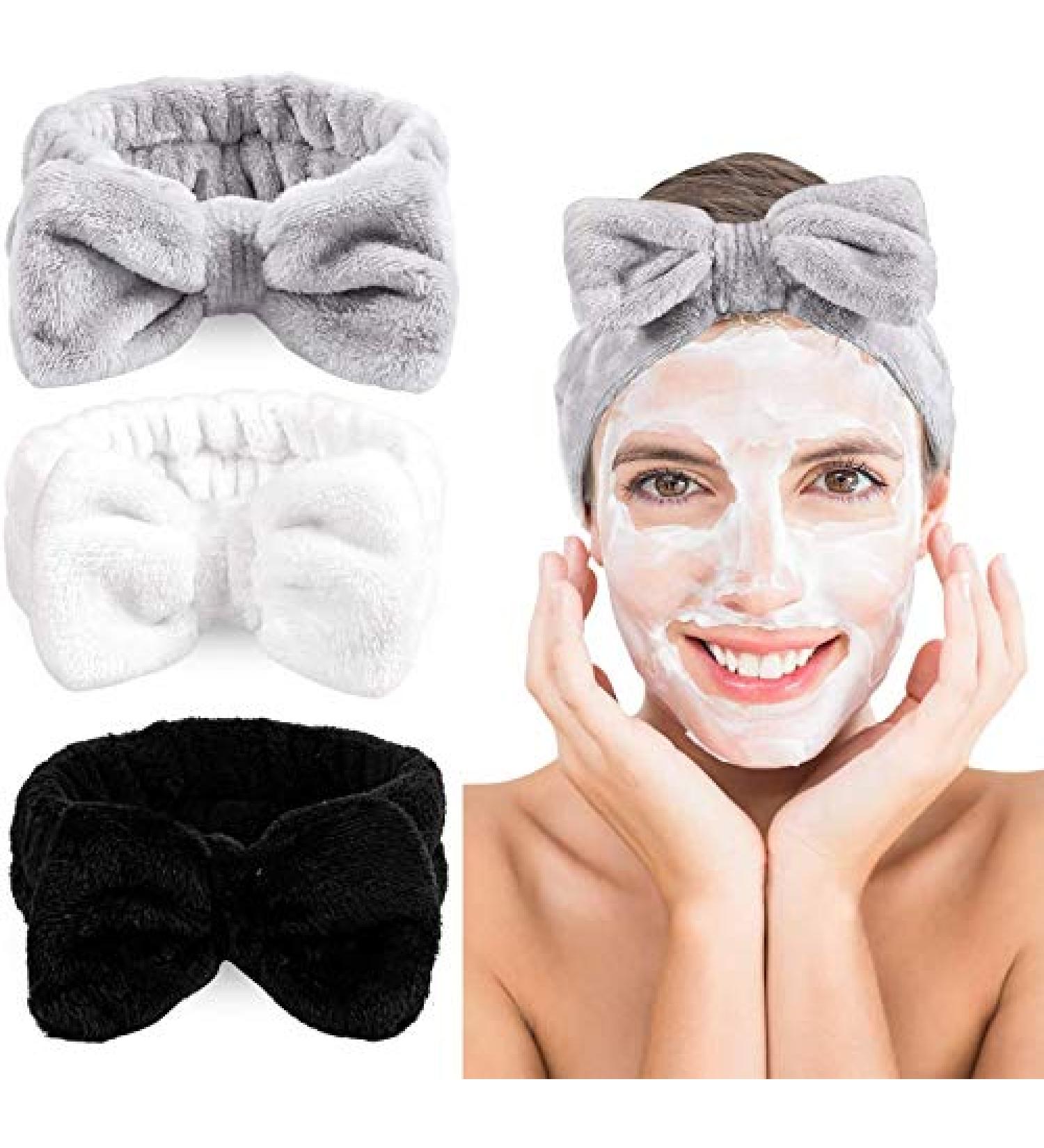 Queta 3 Pack Microfiber Bowtie Headbands for Women - Soft Makeup, Shower, Spa, Yoga Hair Bands in White, Gray, Black - Buy Online on GoSupps.com