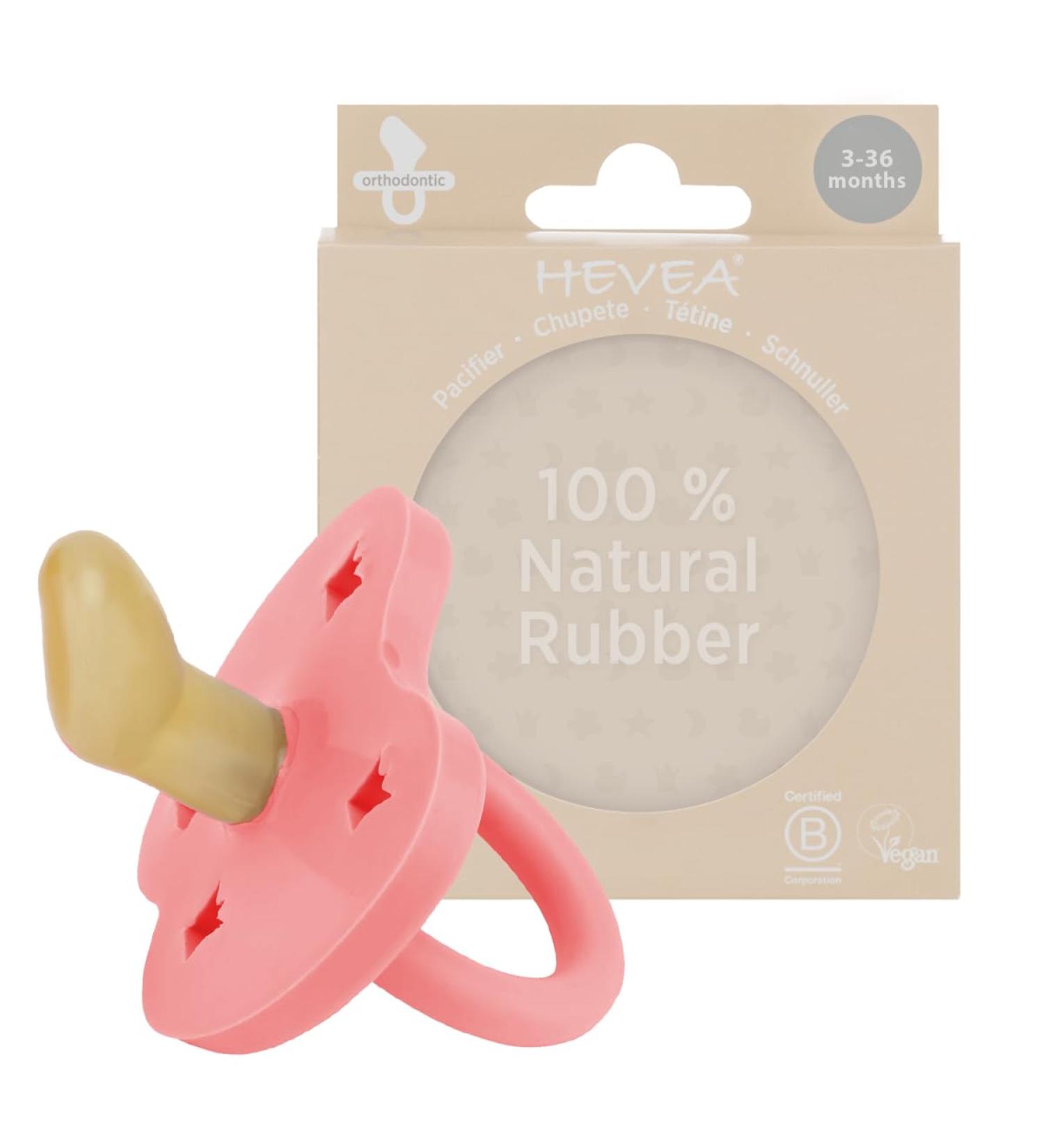 HEVEA Natural Rubber Pacifier - Jaw-Friendly Design for 3-36 Months - Coral Pink - Eco-Friendly & Safe for Babies - Buy Online on GoSupps.com