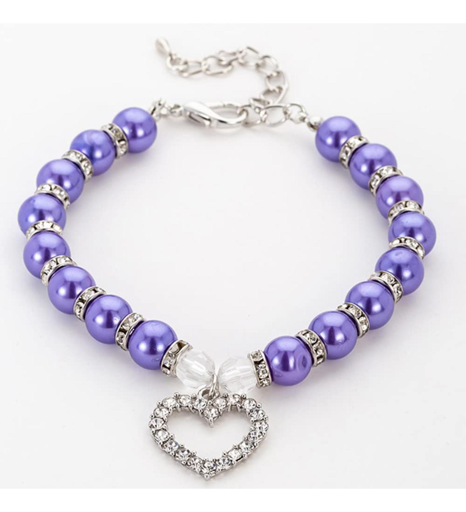 RayMinsino Pet Supplies Pearl Necklace Love Diamond Pendant Pet Collar Cat and Dog Jewelry Small Purple