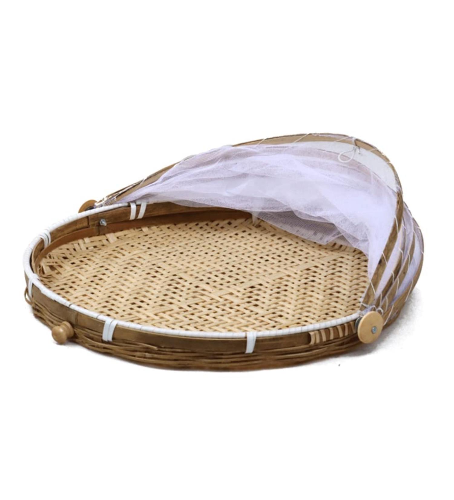 Hand Woven Wooden Serving Food Tent | Round Basket with Mesh Cover for Home Kitchen Storage - International Shipping - Buy Online on GoSupps.com