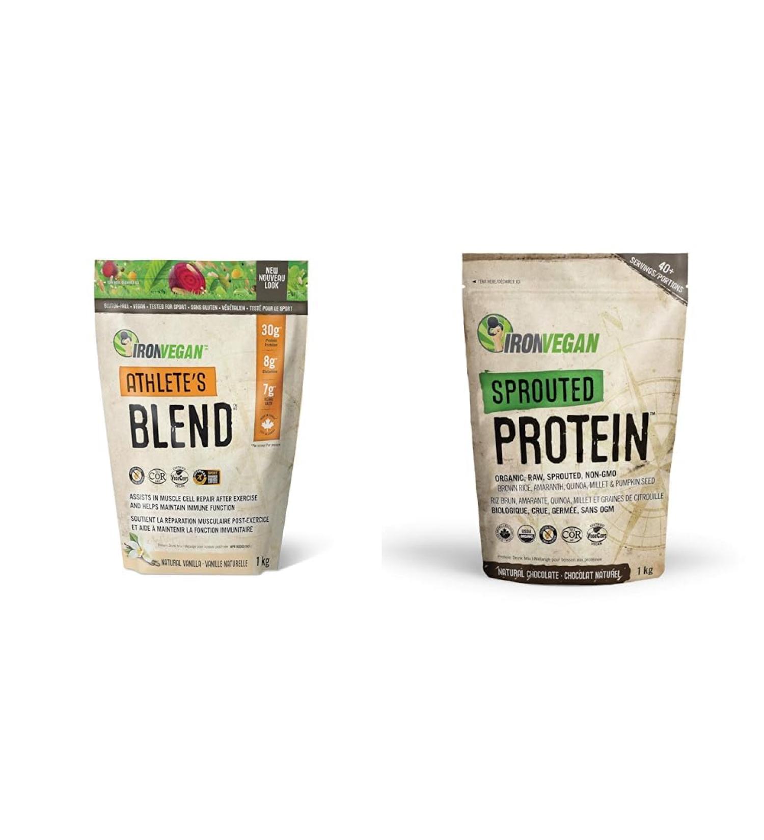 Athlete's Blend Protein Powder Vanilla Flavour 1 kg & Sprouted Protein Chocolate Flavour 1kg | Vegan plant-based organic gluten-free - Buy Online on GoSupps.com