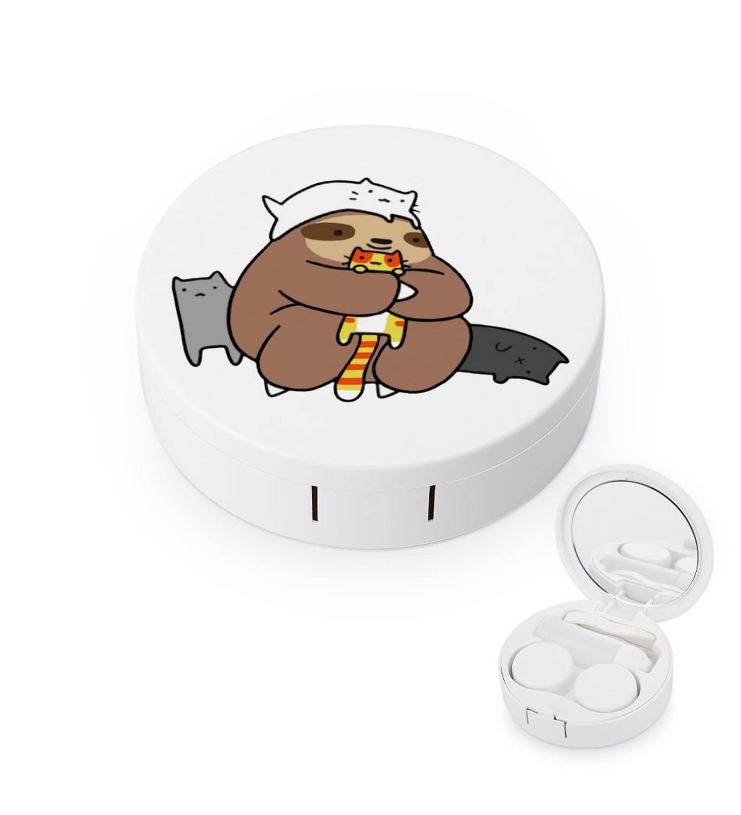 Sloth Loves Cats Round Case For Contact Lens Kit Storage Box with Mirror Printed - Buy Online on GoSupps.com