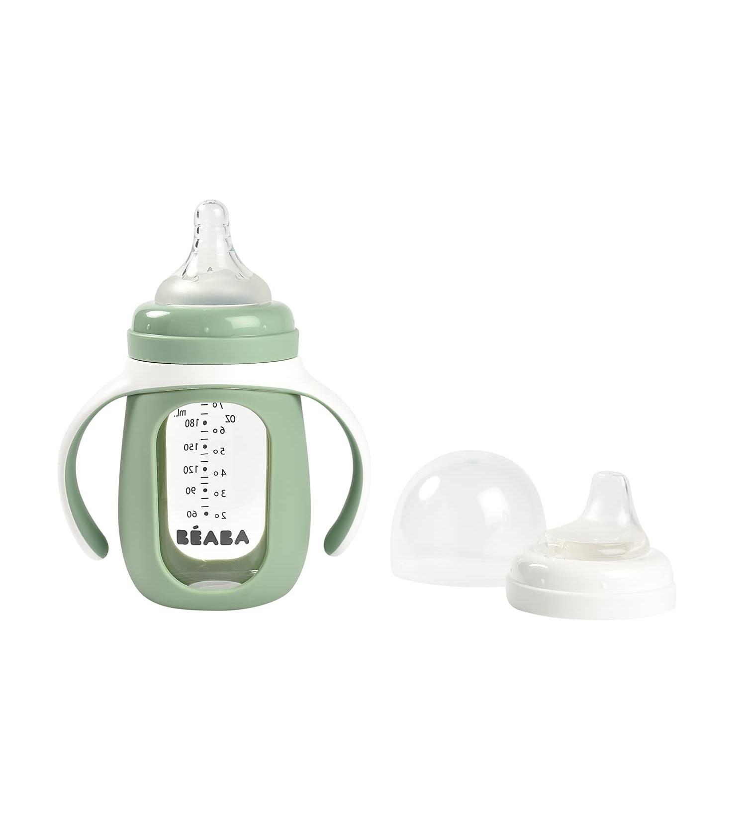 BEABA 2-in-1 Glass Baby Bottle & Sippy Cup Set - Soft Silicone Nipple - Sage Charcoal - 7 oz - Buy Online on GoSupps.com