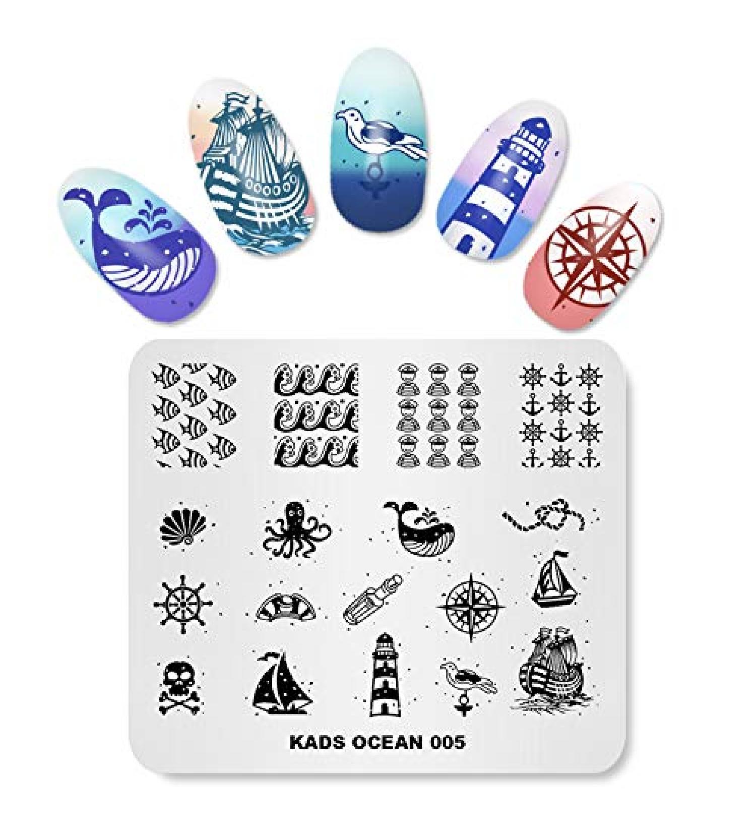 Ocean Blue Nail Art Stamping Template - Multi-Pattern Design with Marine Lighthouse Fish & Anchor | OC005 - Buy Online on GoSupps.com