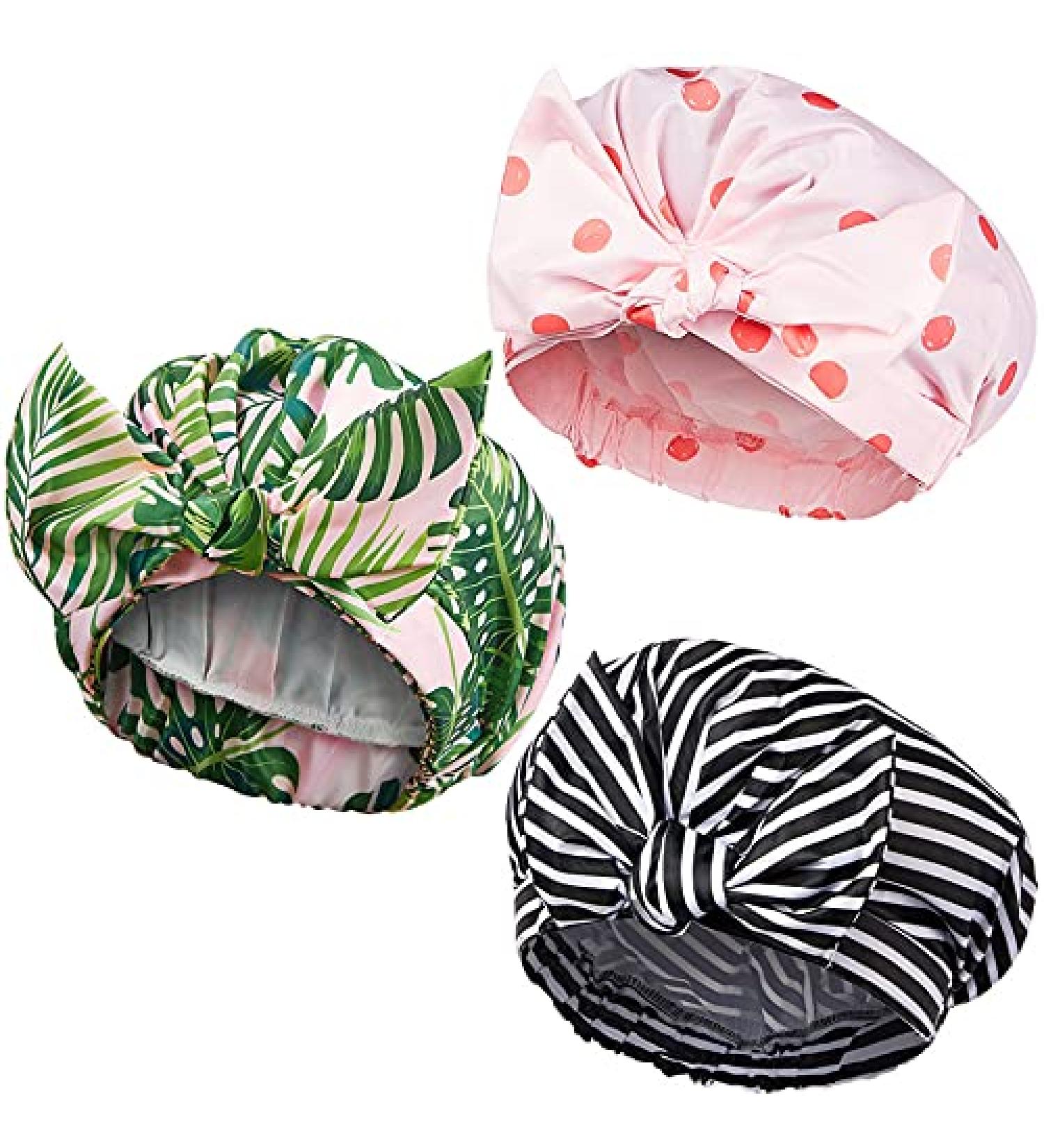 3 Pieces Waterproof Reusable Shower Caps for Women - Elastic Hem Turban Bath Caps for Long, Short, and Curly Hair - Stripe, Coconut Palm, and Polka Dot Patterns - Buy Online on GoSupps.com