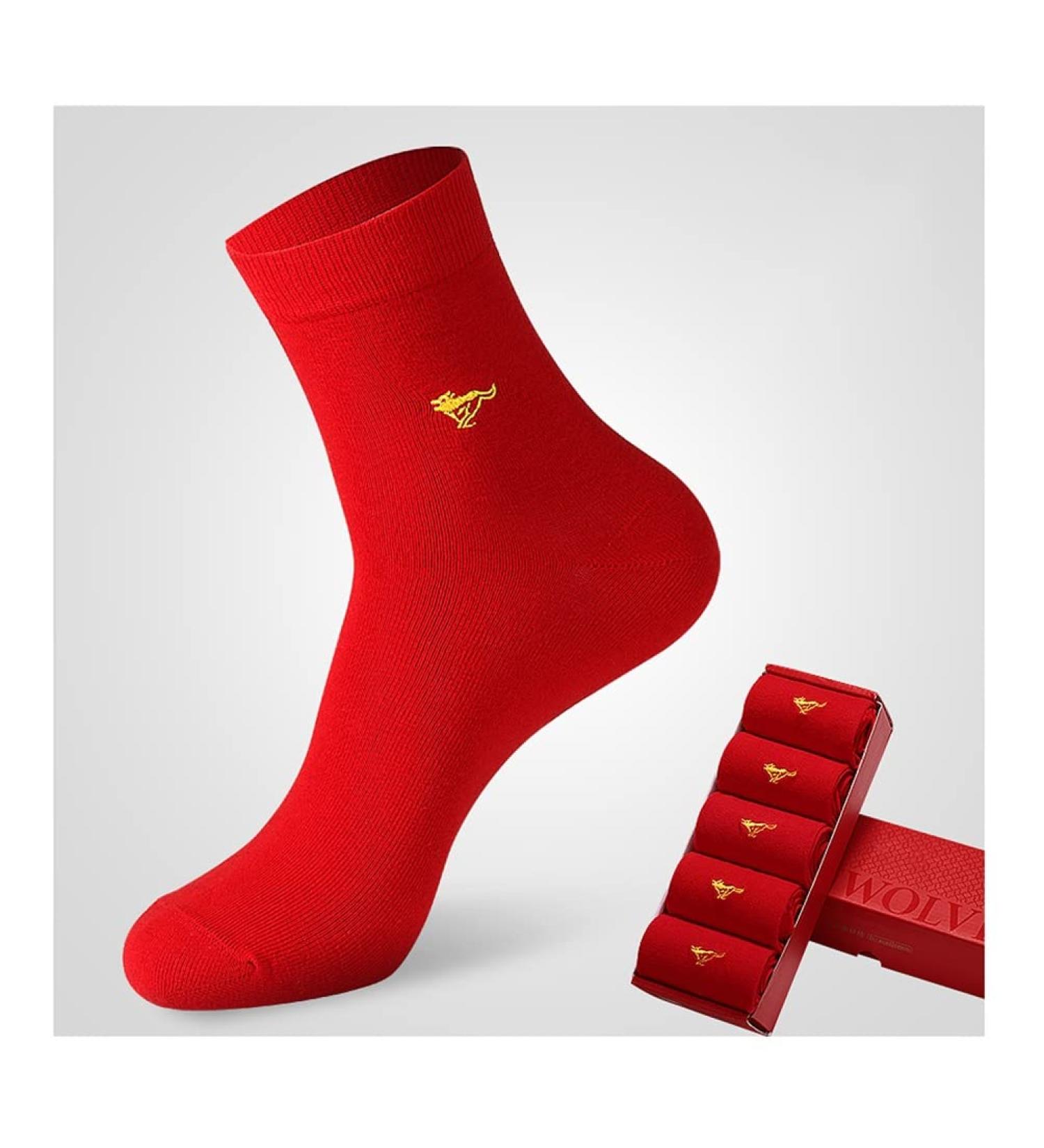 Men's Thick Cotton Chinese New Year Red Socks - Zodiac Wedding & Festive Mid-Tube Stockings (Size 39-45) - Buy Online on GoSupps.com