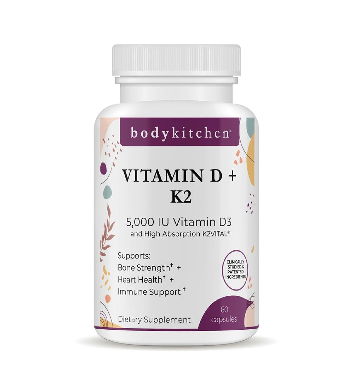 Body Kitchen Vegan Plant-Based Vitamin D3 + K2 (MK7) Supplement, Bone and Heart Health, Non-GMO, 5000 IU Vitamin D & 180 mcg Vitamin K2 MK-7, Easy to Swallow Veggie Caps, 60 Count - Buy Online on GoSupps.com