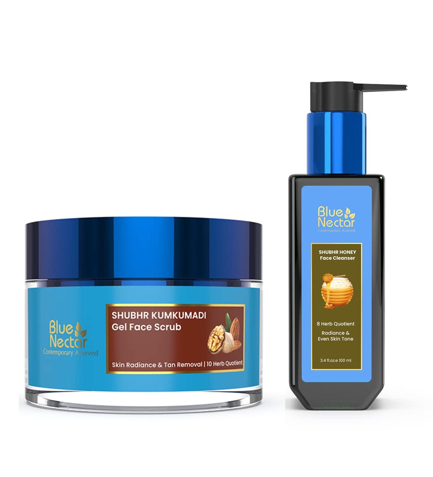 Blue Nectar Walnut Gel Scrub for Deep Exfoliation (1.7 Fl Oz) along with Honey Aloe Vera Detan Face Wash with Natural Vitamin E (3.38 Fl Oz) - Buy Online on GoSupps.com