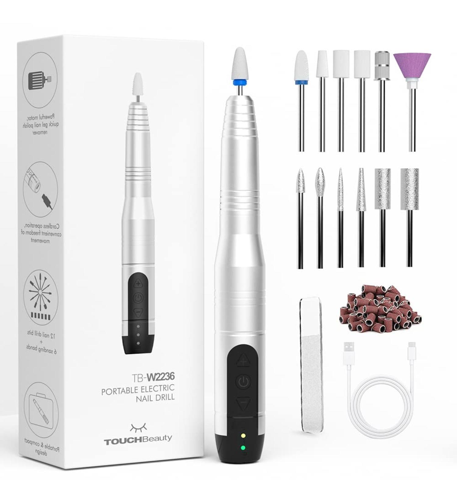 TOUCHBeauty Electric Nail Drill Cordless - 12 in 1 Professional Manicure Pedicure Kit for Acrylic Gel Nails - Rechargeable Electric Nail File Machine - Silver - Buy Online on GoSupps.com