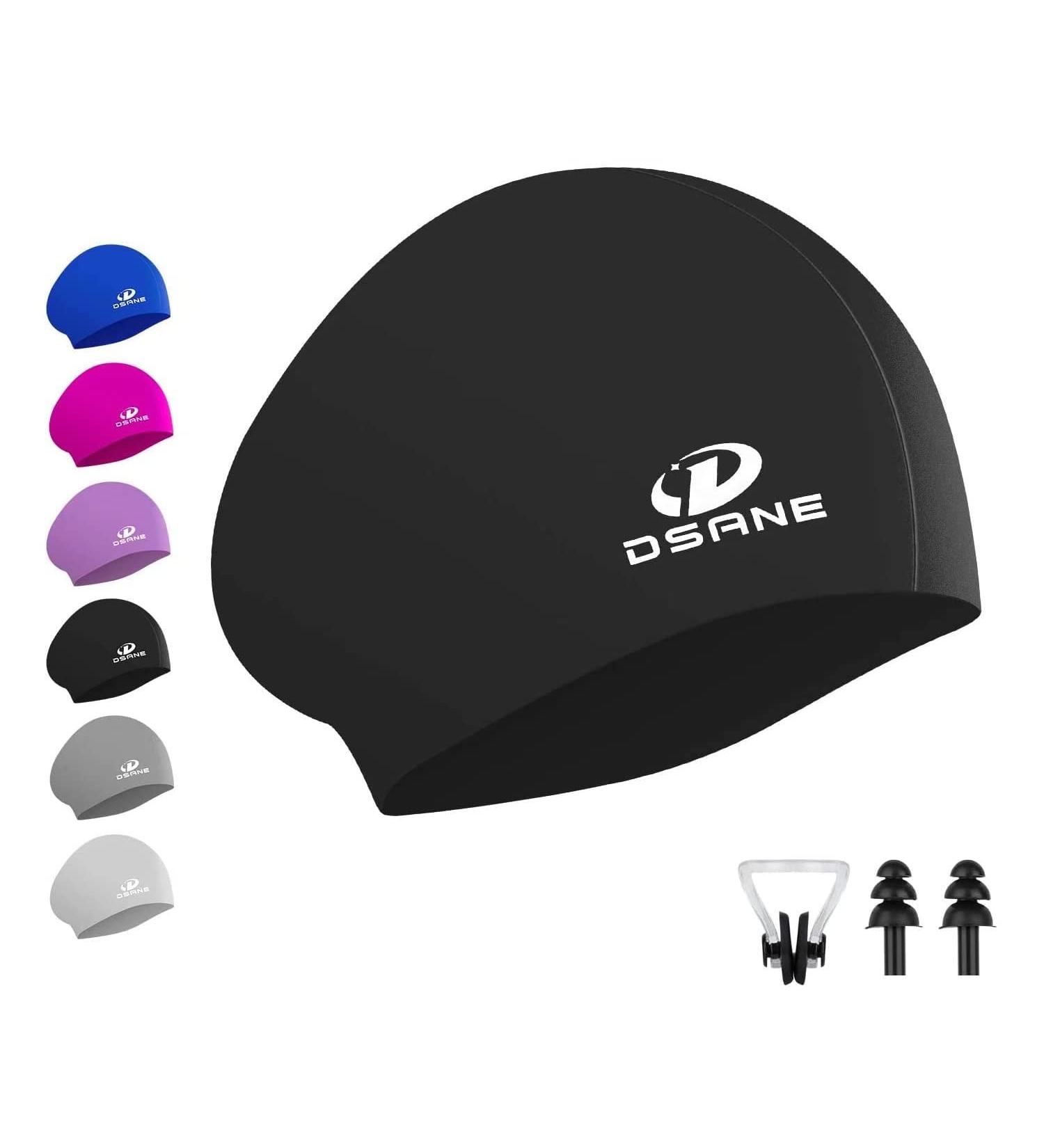 Black Silicone Swim Cap for Long Hair - 3D Ergonomic Design for Women, Men, Kids - With Ear Plug and Nose Clip - 1 Pack - Buy Online on GoSupps.com