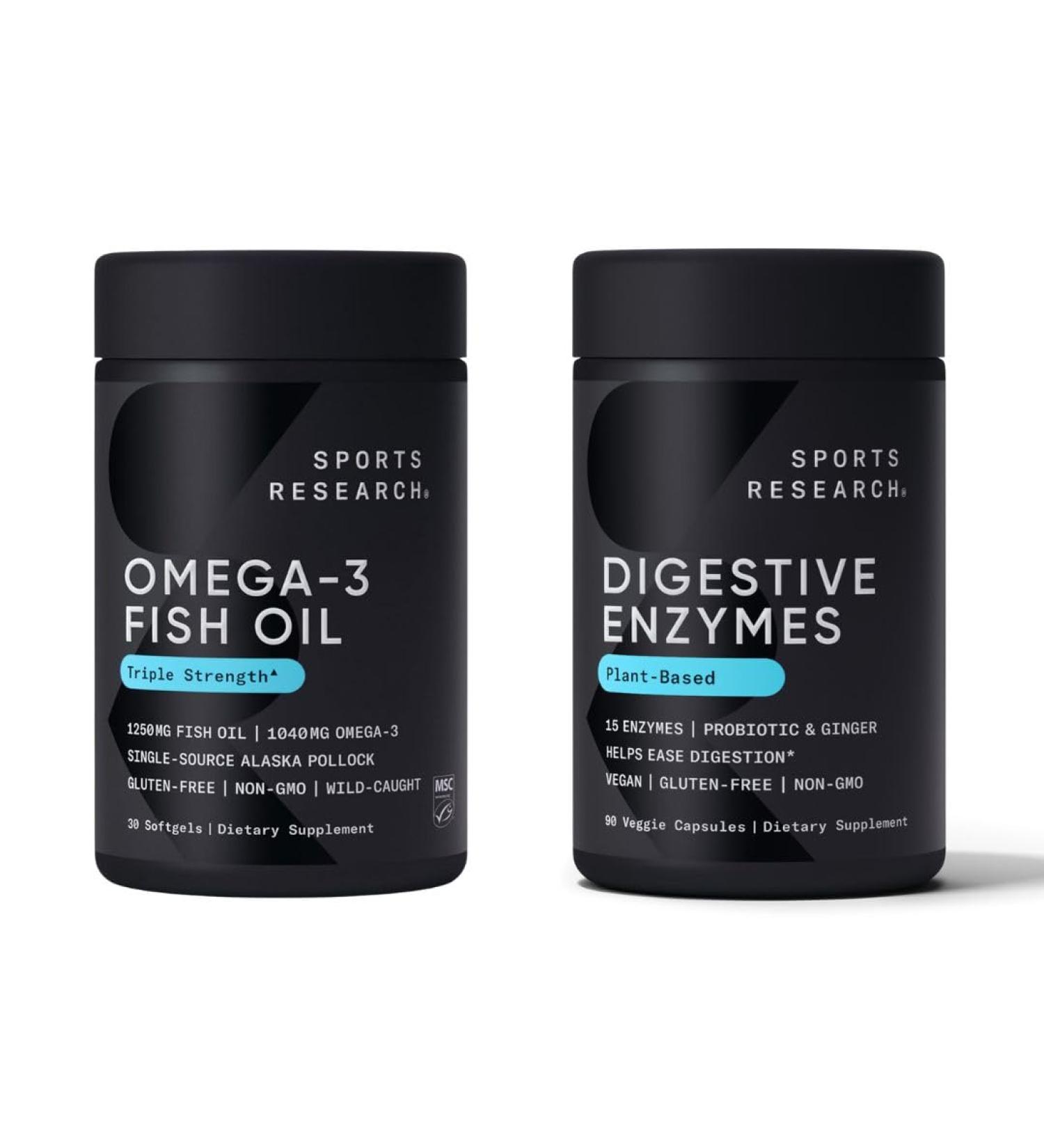 Sports Research Triple Strength Omega 3 EPA & DHA Fish Oil 1250mg Burpless Supplement (30 Softgels) and Digestive Enzymes with Probiotics & Ginger Plant Based Vegan Friendly (90 Veggie Capsules) - Buy Online on GoSupps.com