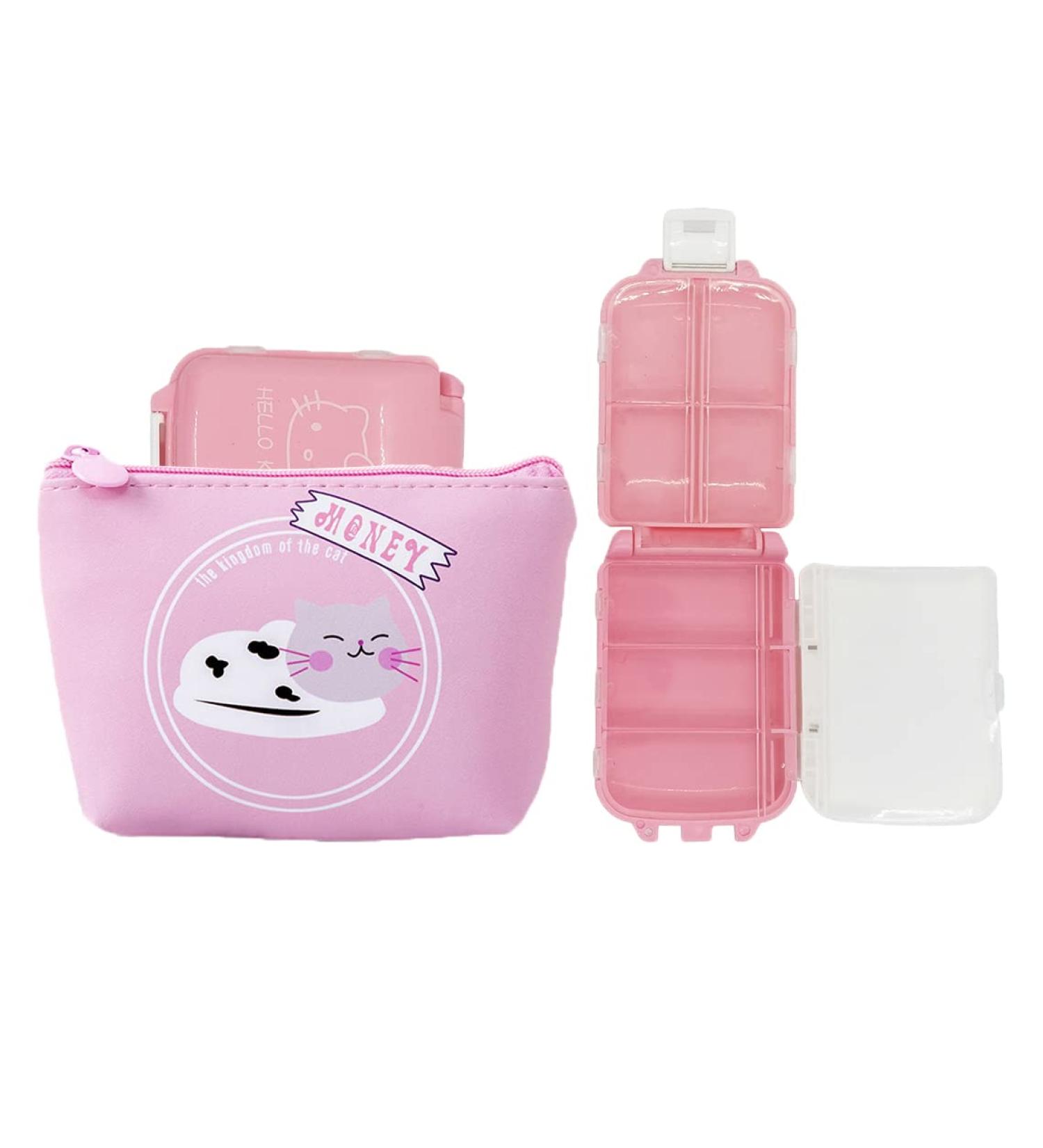 Cute Anime Cat Pill Box - 3-Pack Daily Organizer for Women & Kids | 8 Compartment Travel Pill Holder | Weekly 7-Day Pill Box in Pink - Buy Online on GoSupps.com