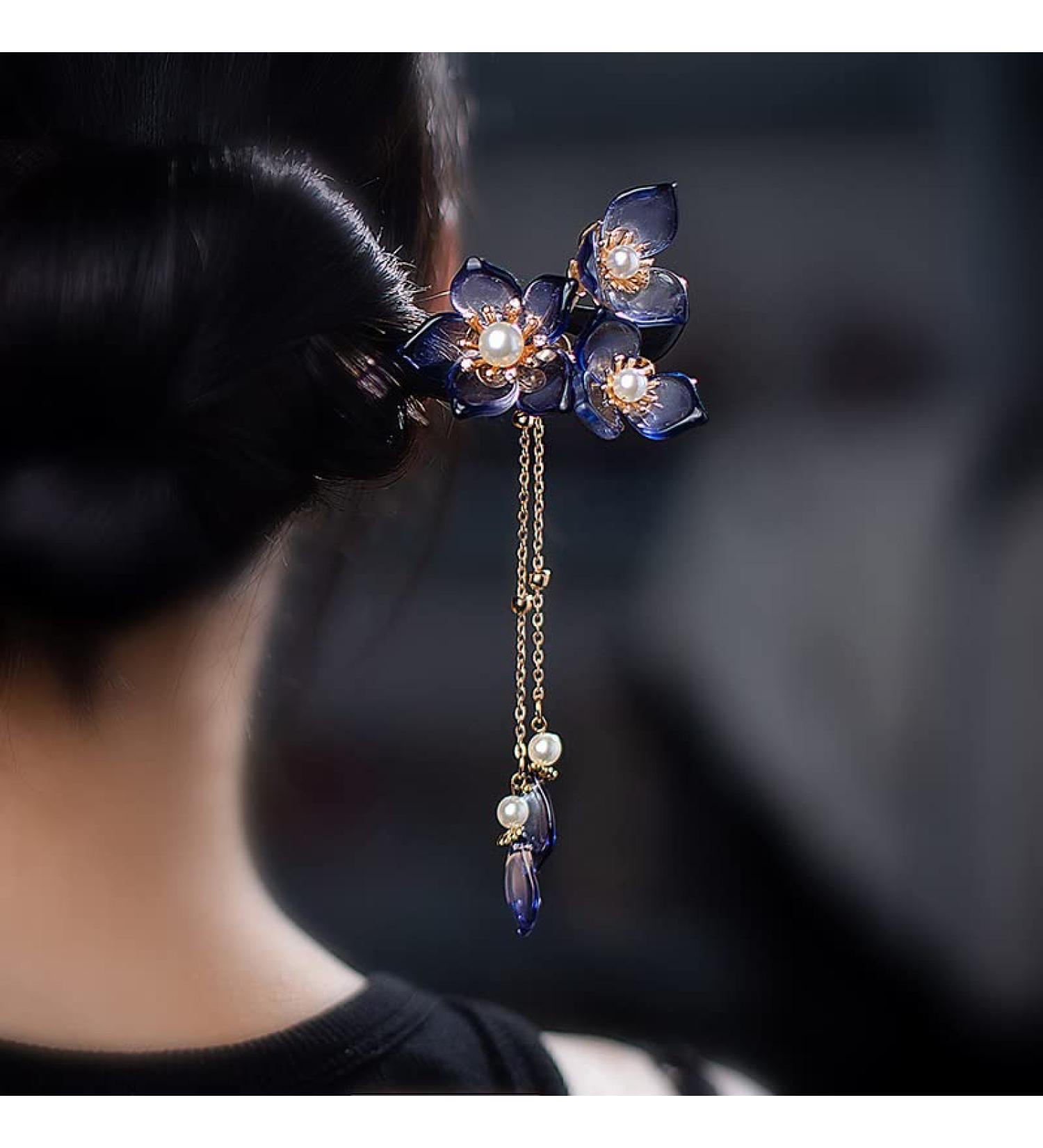 Chinese Flower Hair Chopstick with Tassel | Wooden Hair Stick & Pin Set - Buy Online on GoSupps.com