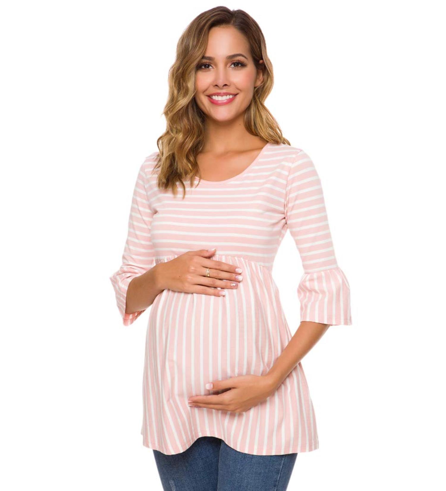 Love2Mi Women Maternity Blouse - Striped Maternity Shirt 3/4 Bell-Sleeve - S Pink Stripe - Buy Online on GoSupps.com