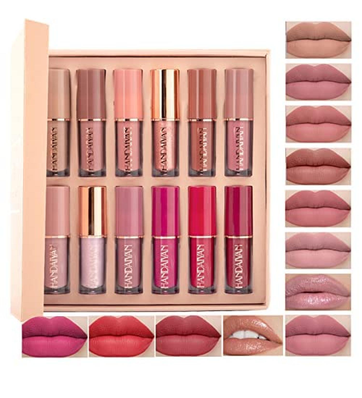 Rechoo 12 Colors Matte Ink Lipstick Set | Waterproof Long-Lasting Lip Tint | Non-Stick Cup Liquid Lip Gloss - Nude & Rose Pink Tones for Makeup - Buy Online on GoSupps.com