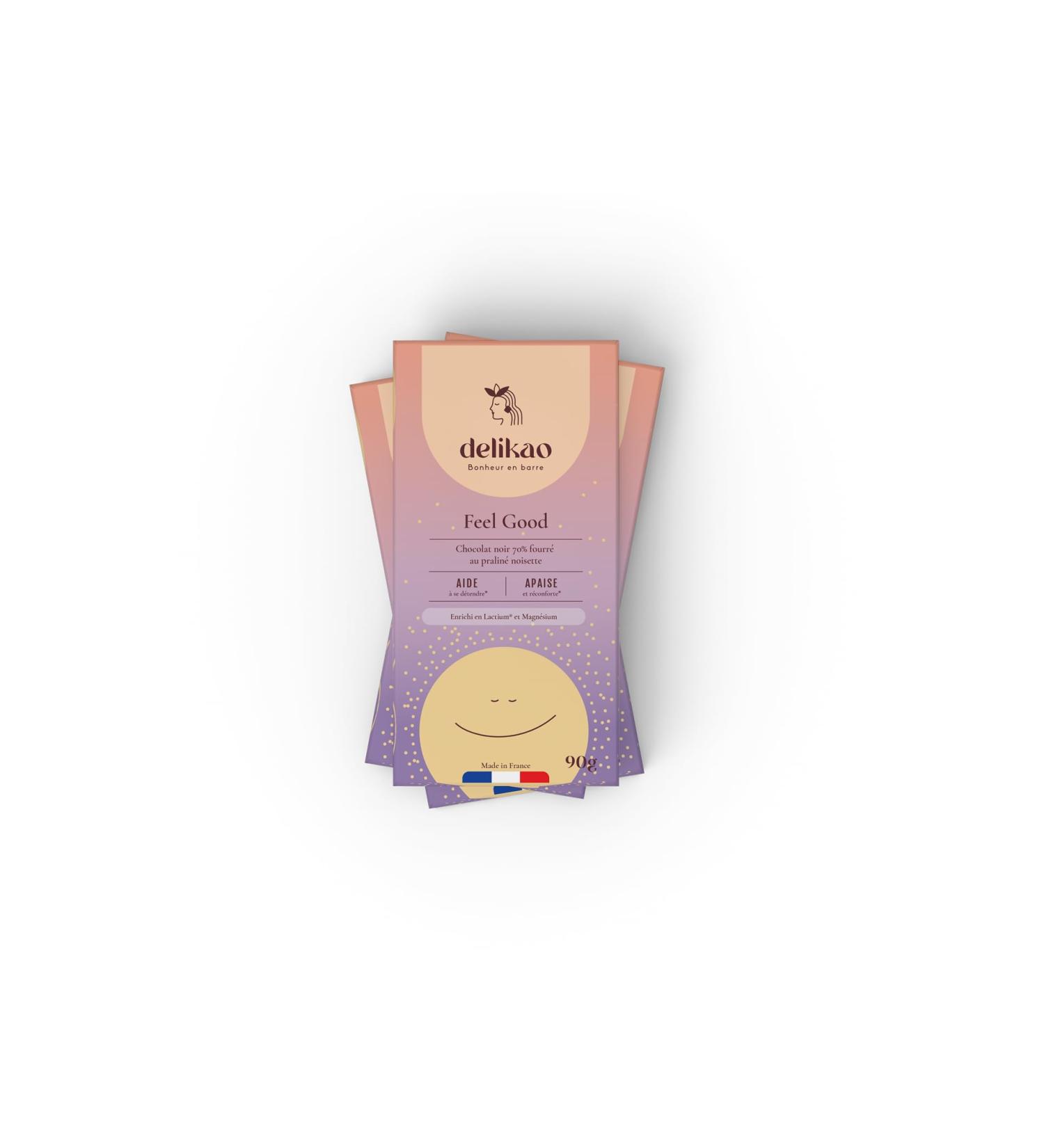 DELIKAO DELIKAO Chocolate Tablet Feel Good Dark Chocolate Bar Hazelnut Praline Magnesium Lactium Anti-Fatigue Anti-Stress Made in France Premium Chocolate