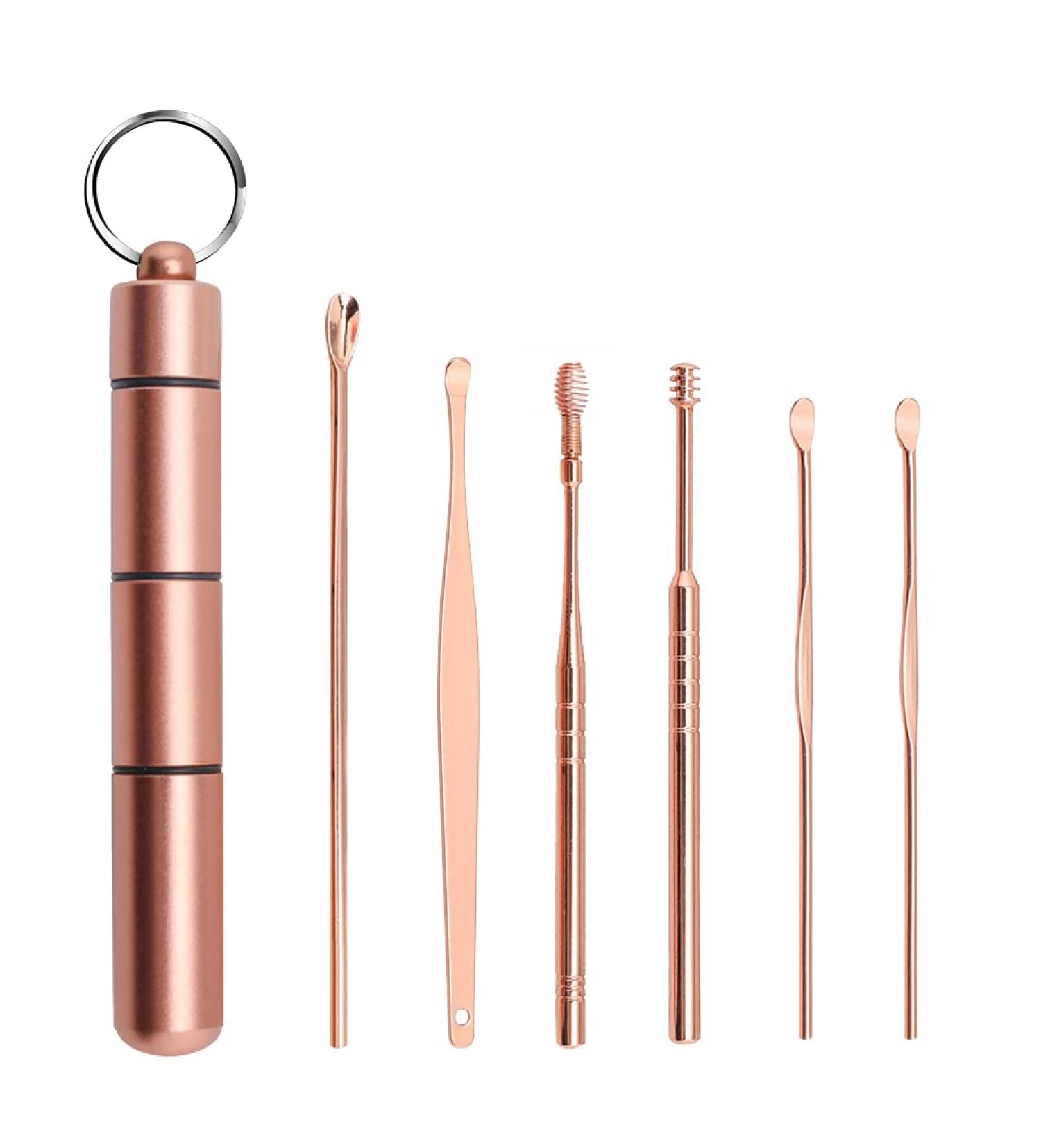 Stainless Steel Ear Wax Removal Kit | 6-in-1 Ear Cleaner Set with Keychain Storage Box - Rose Gold - Buy Online on GoSupps.com