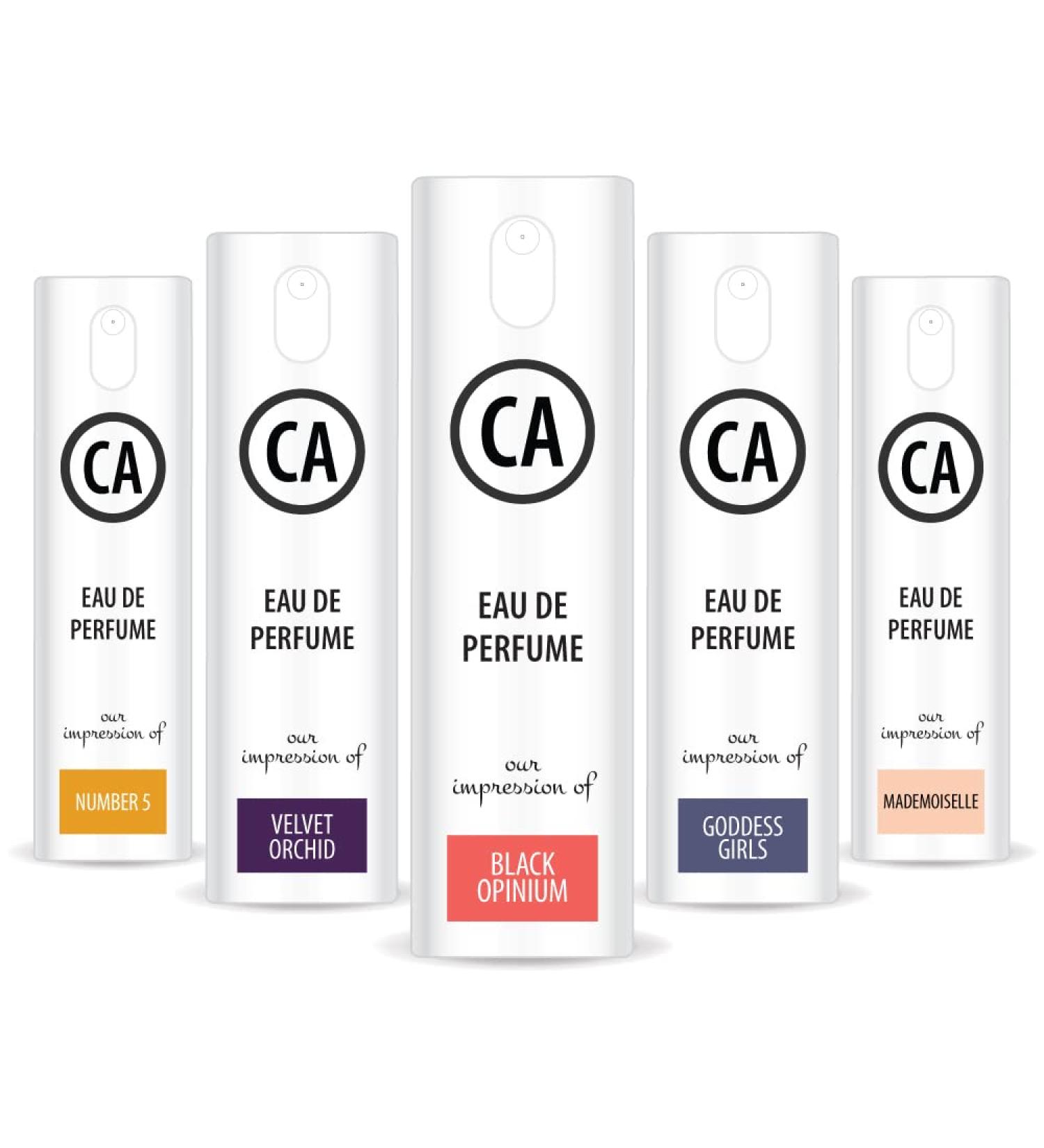 CA Perfume All Time Classic Women Set Impression of (Number 5 + Velvet Orchid + Black Opinum + Goddes Girl + Modemoiselle) Fragrance Sample Travel Size Parfum Sprayer (0.3 Fl Oz/10 ml) x5 - Buy Online on GoSupps.com