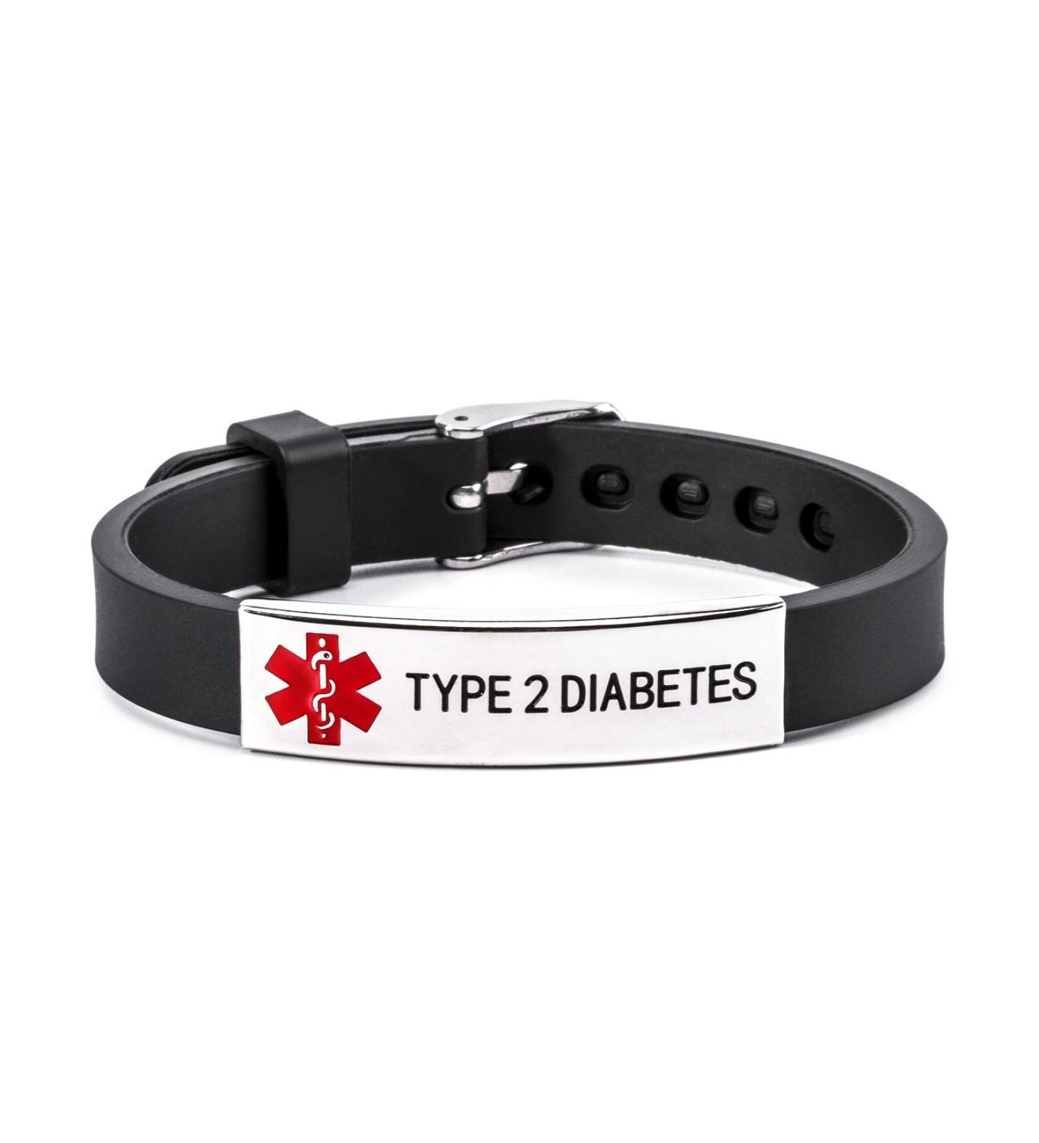 Type 2 Diabetes Medical Alert ID Bracelet - Black Stainless Steel & Silicone Wristband for Men & Women | International Shipping - Buy Online on GoSupps.com