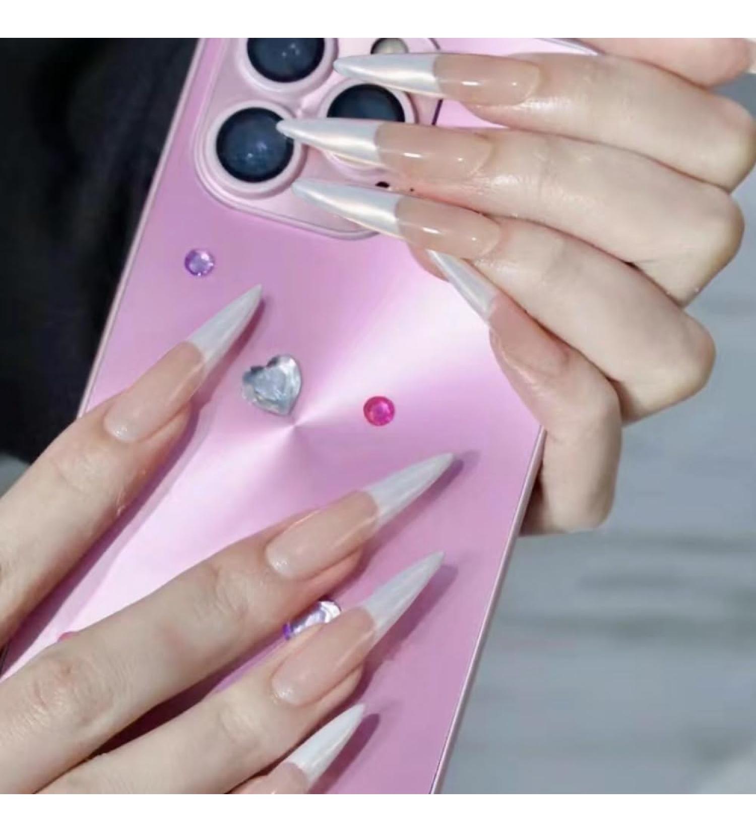 French Tip Press on Nails-Press On Nails with Nail Tips Pearlescent style false nails elegant long pointed pink white false nails Design Glossy press on nails Acrylic False Nails Cute Artificial Nails - Buy Online on GoSupps.com