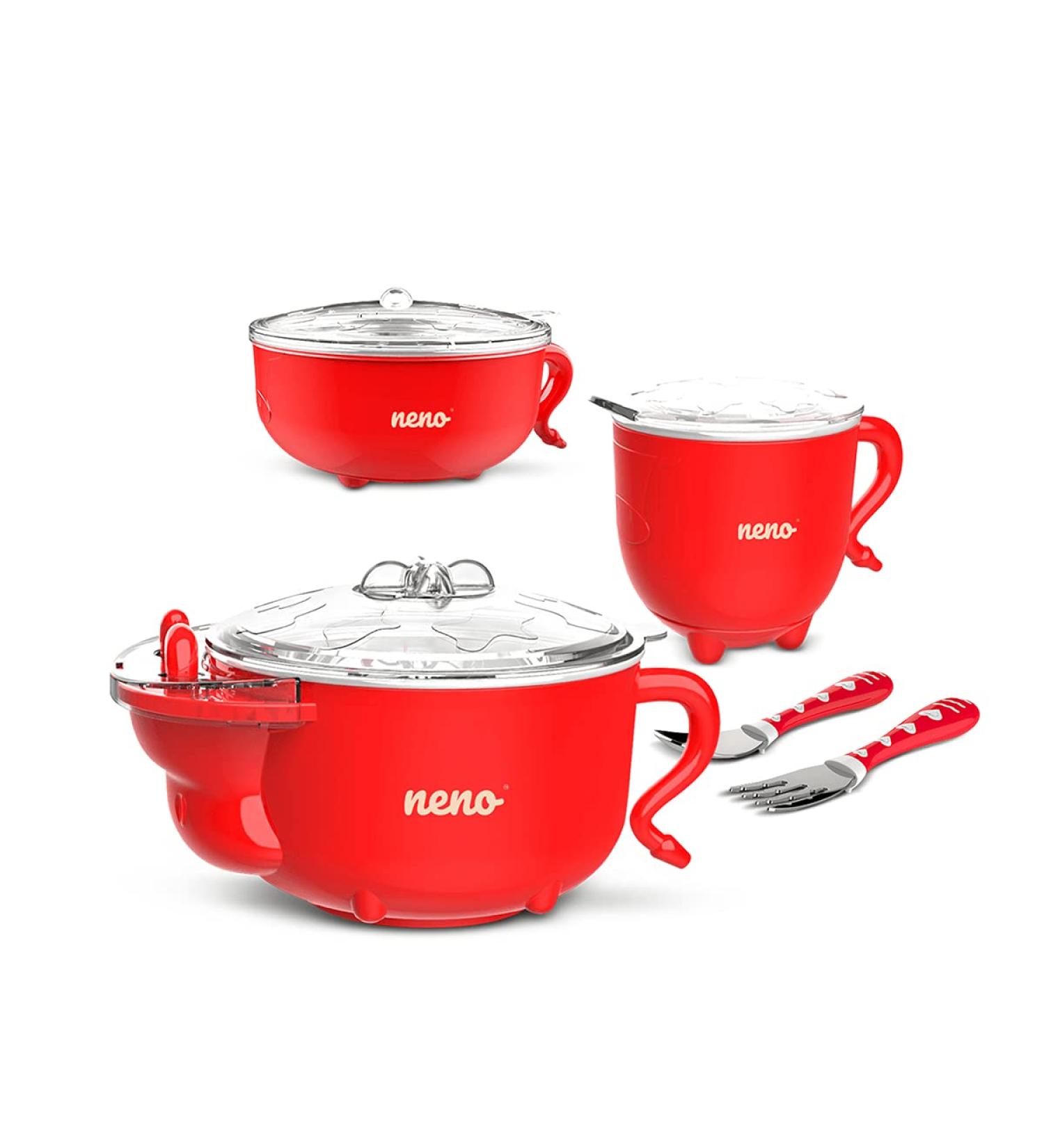 Neno Thermal Children's Tableware Set - Baby Feeding Containers Fork and Suction Bowls in Mucca Red | 200ml Silicone Bottle | Safe & Non-Slip - Buy Online on GoSupps.com