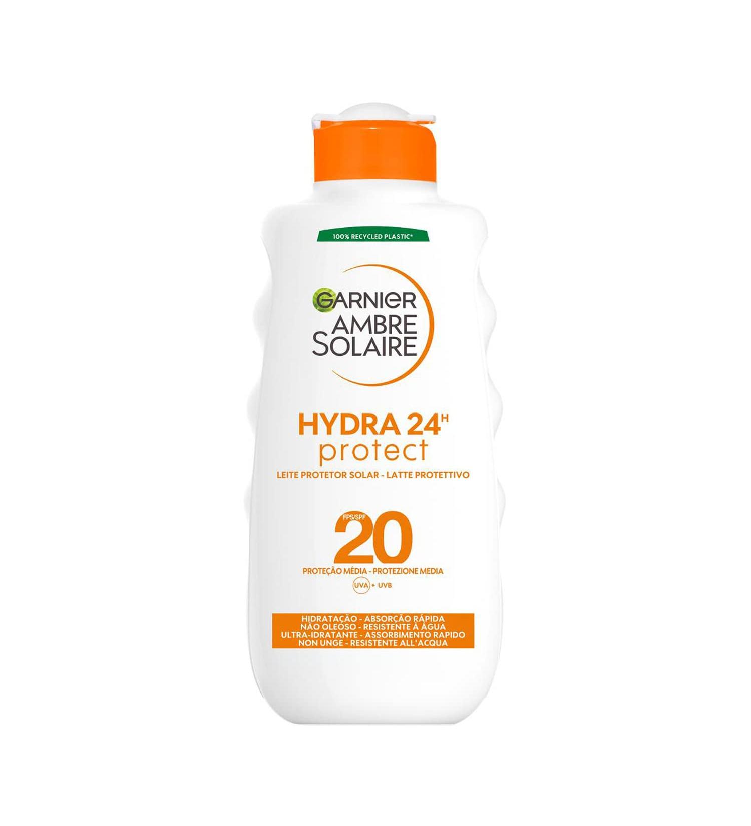 Garnier Ambre Solaire Latte Protection Hydra 24H Protect Face and Body Ultra-Hydrating for All Day With Protection Media SPF 20 Water Resistant Quick Absorption 200 ml