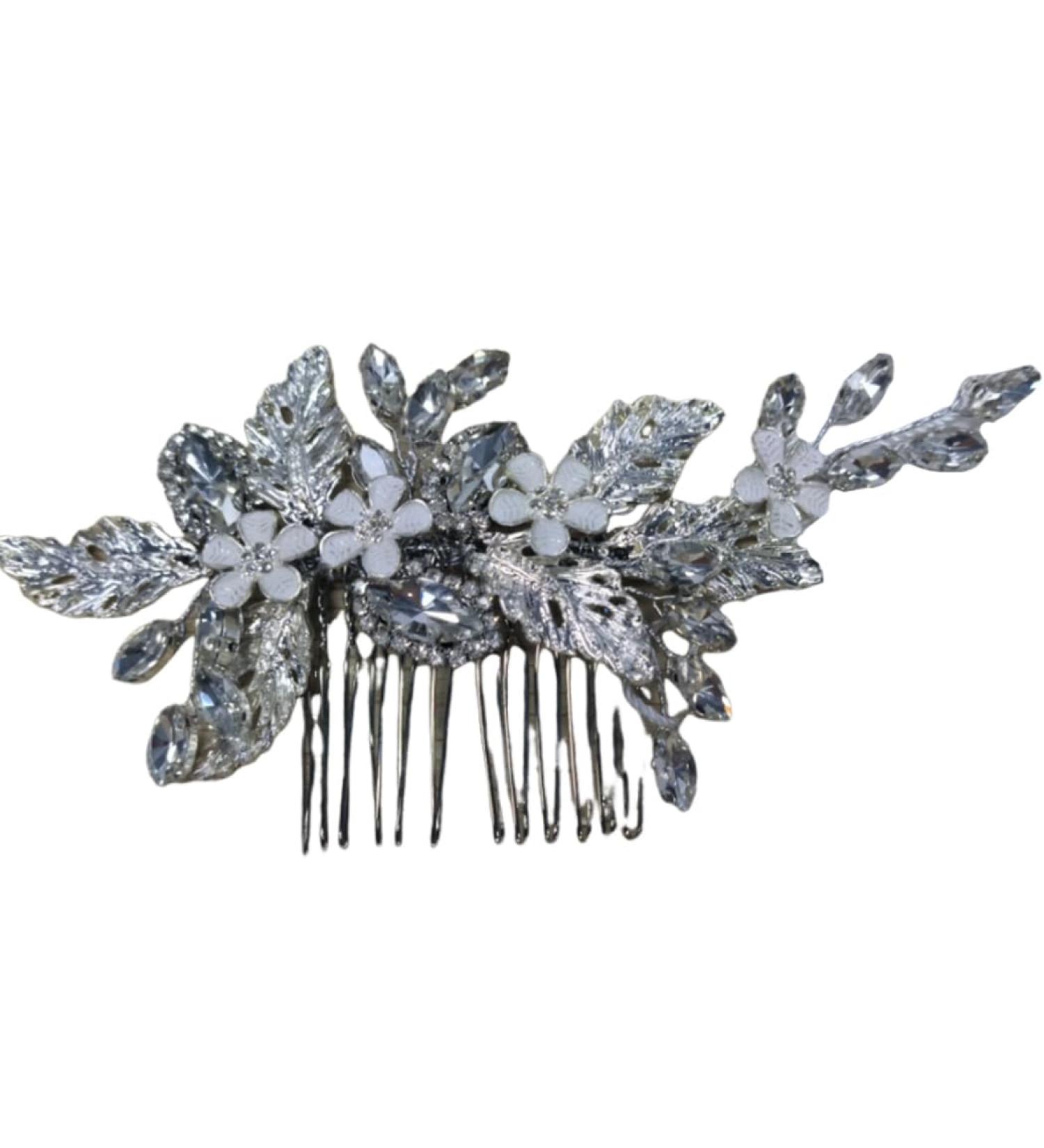 Handcess Bridal Wedding Flowers Hair Comb Silver Rhinestone Hairpiece Crystal Leaf Bridal Hair Accessories for Women and Girls