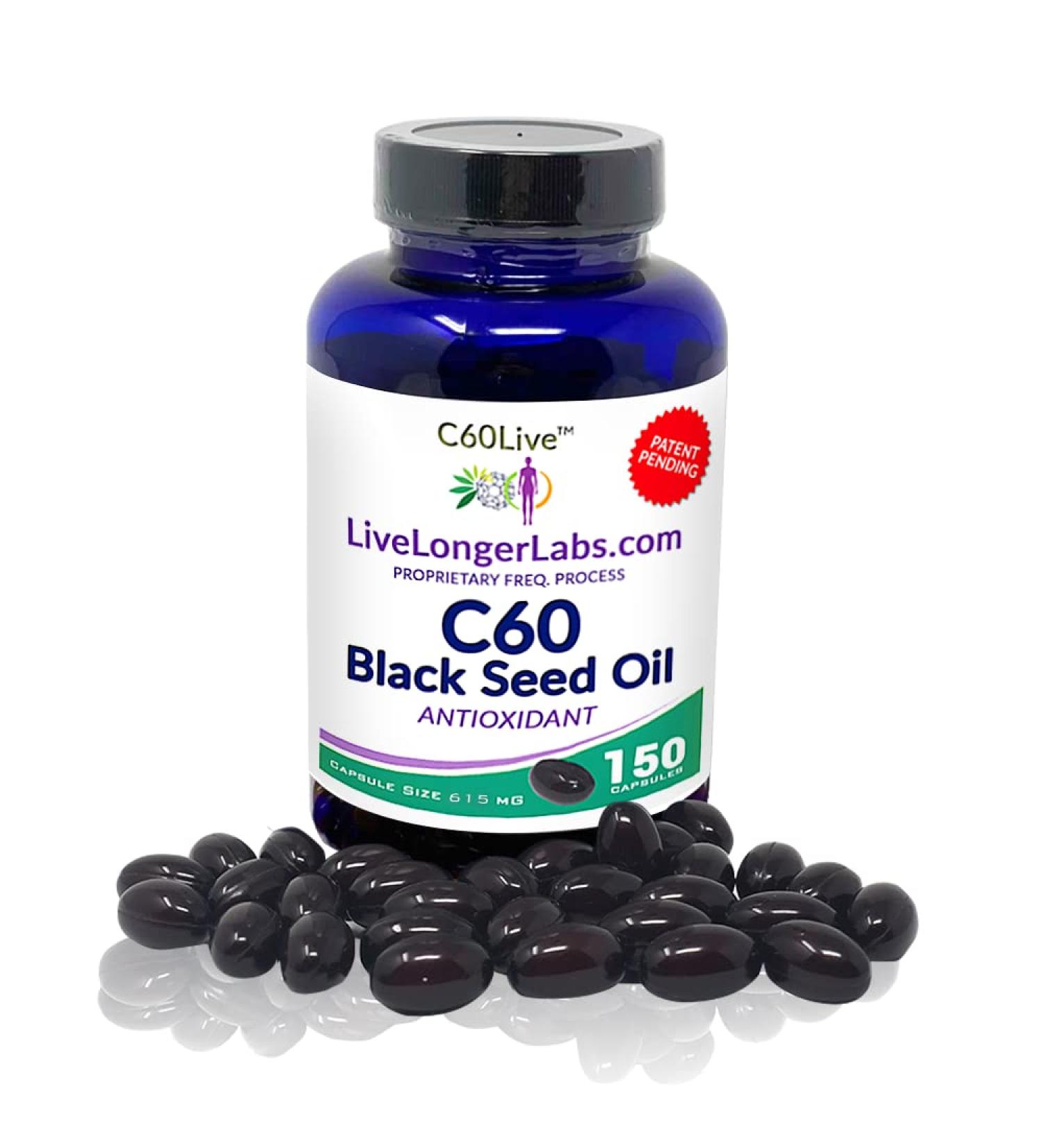 C60live Carbon 60 & Black Seed Oil Antioxidant Supplement - 150 Gel Capsules for Blood Pressure, Cholesterol, Liver Support - Natural Ingredients - Buy Online on GoSupps.com