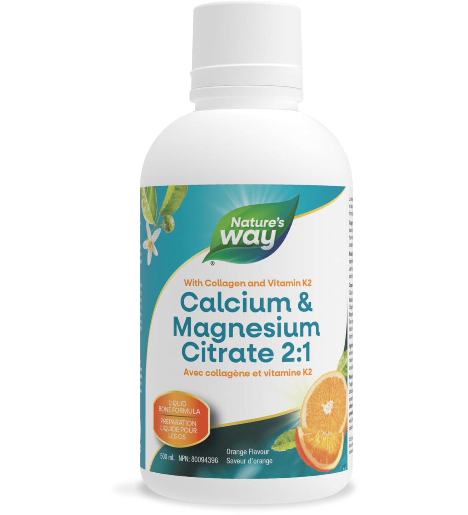 Nature's Way Calcium and Magnesium Citrate 2:1 - Liquid Supplement with Vitamin D3 Vitamin K2 and Collagen Helps Support the Maintenance of Bones and Teeth Orange Flavour 500 mL - Buy Online on GoSupps.com