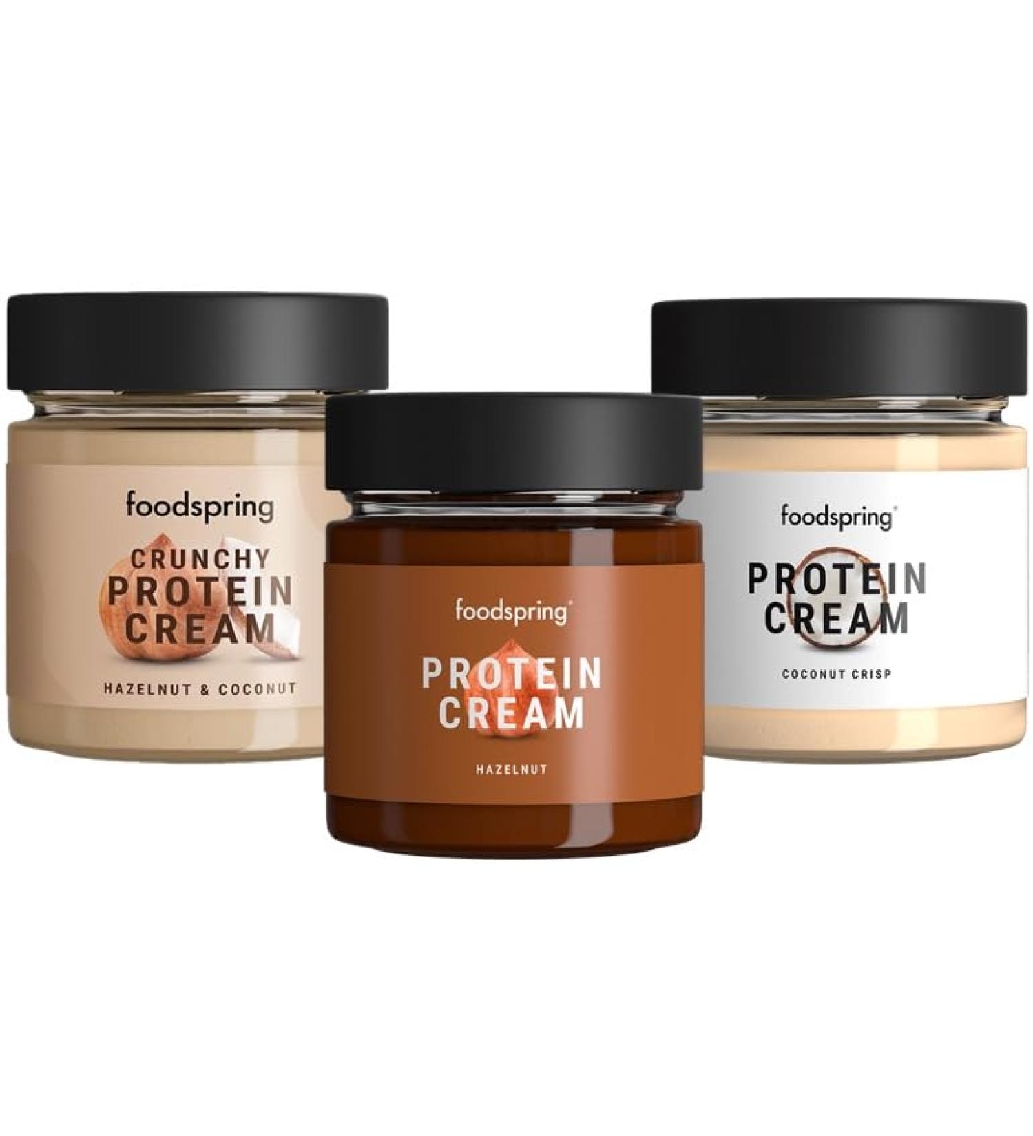 foodspring | Protein Cream Pack 3 in 1 | Hazelnut Cream 200g + Coconut Cream 200g + Crunchy Coconut and Hazelnut Cream 200g