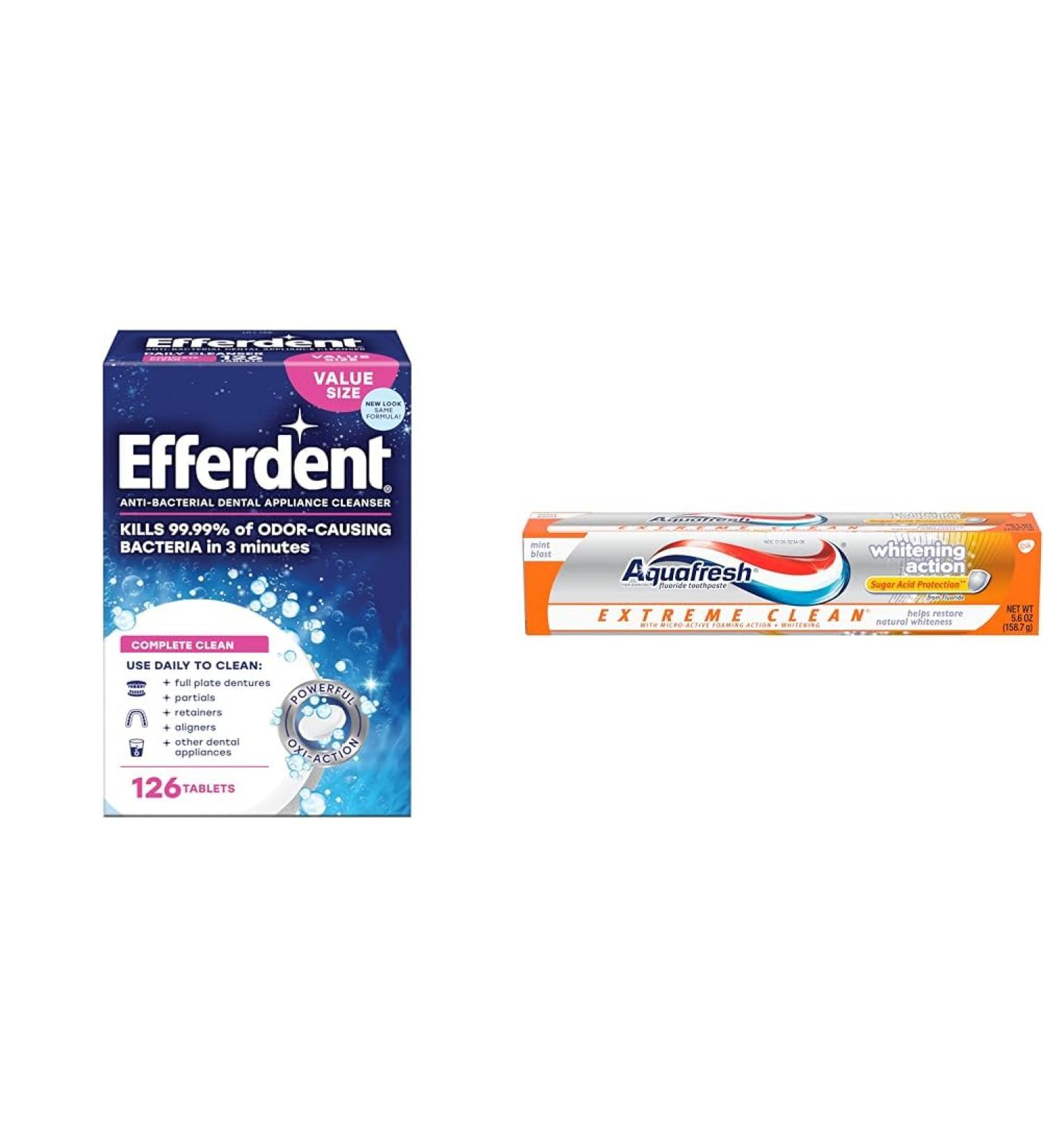 Efferdent Retainer Cleaning Tablets 126 Tablets & Aquafresh Extreme Clean Whitening Toothpaste 5.6 Ounce - Buy Online on GoSupps.com