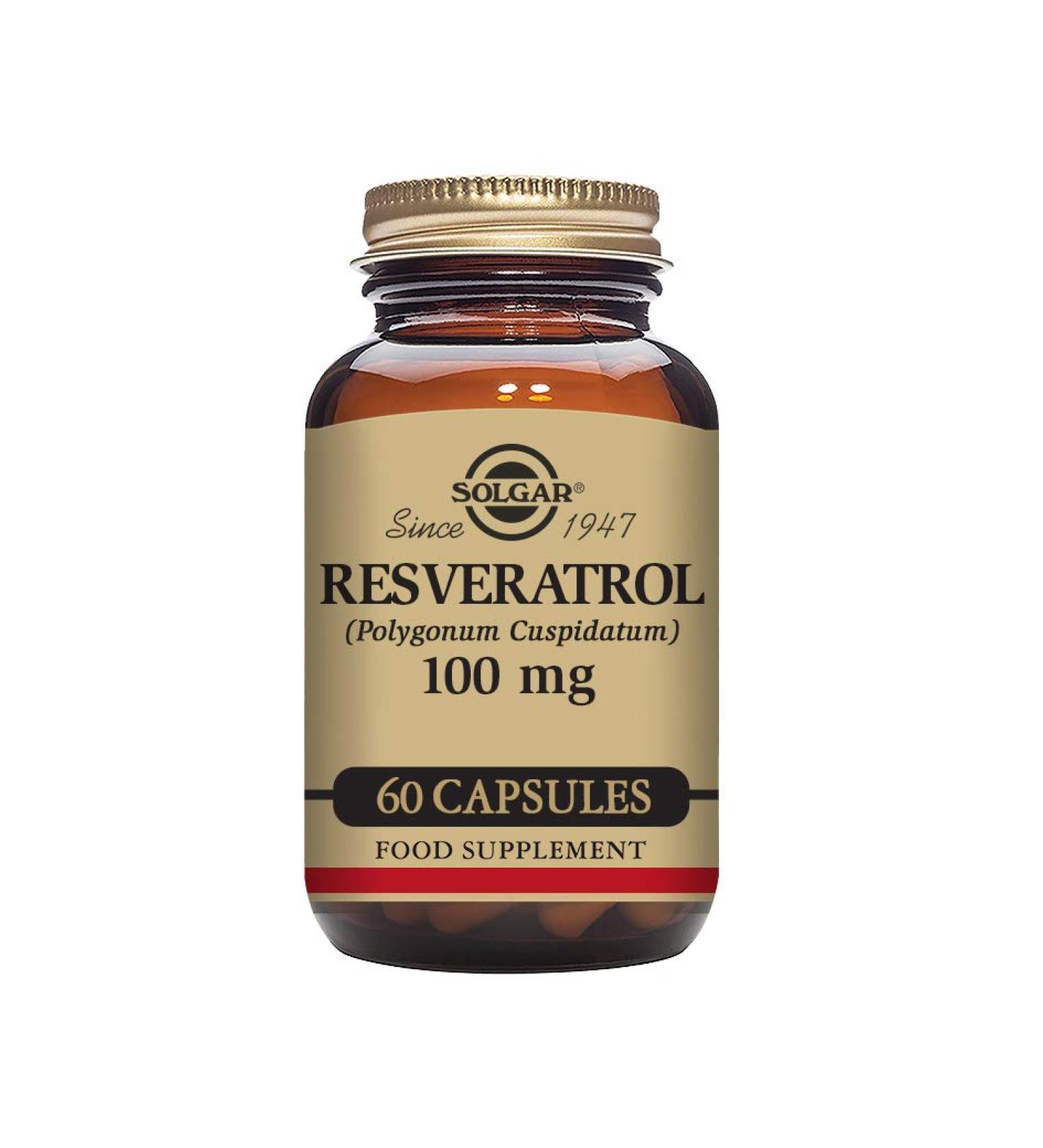 Solgar Resveratrol 100 mg Vegetable Capsules - Pack of 60 - Heart Health Friendly - For Daily Wellbeing - Gluten Vegan Dairy Free - Buy Online on GoSupps.com