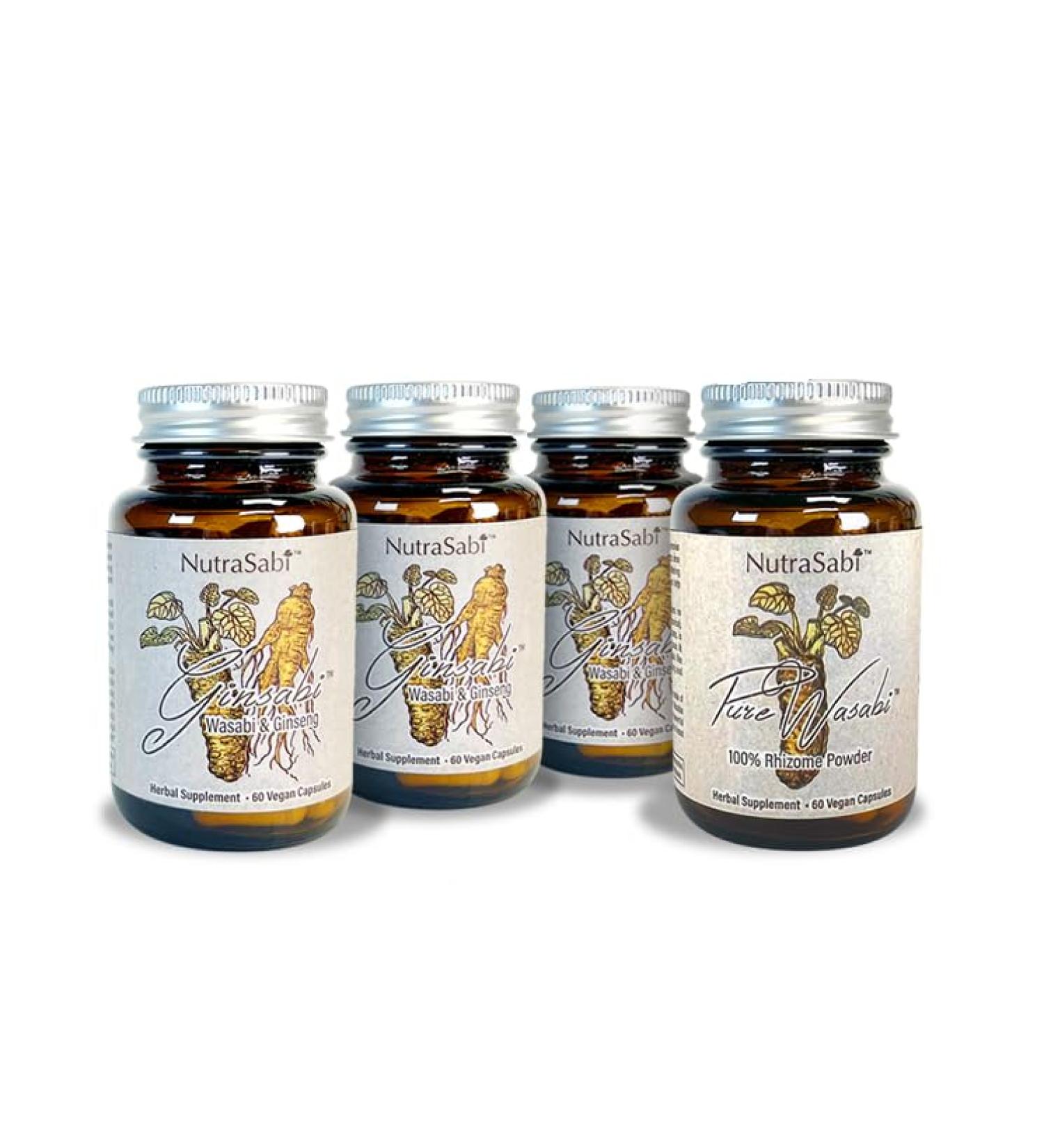 NutraSabi Plant-Powered Vitality Bundle - Save $90 w/ 3 Jars GinSabi Ginseng & Wasabi Rhizome and 1 Jar PureSabi Wasabi Rhizome Capsules Vegan Adaptogen Formula Plant-Based Vitality Supplement