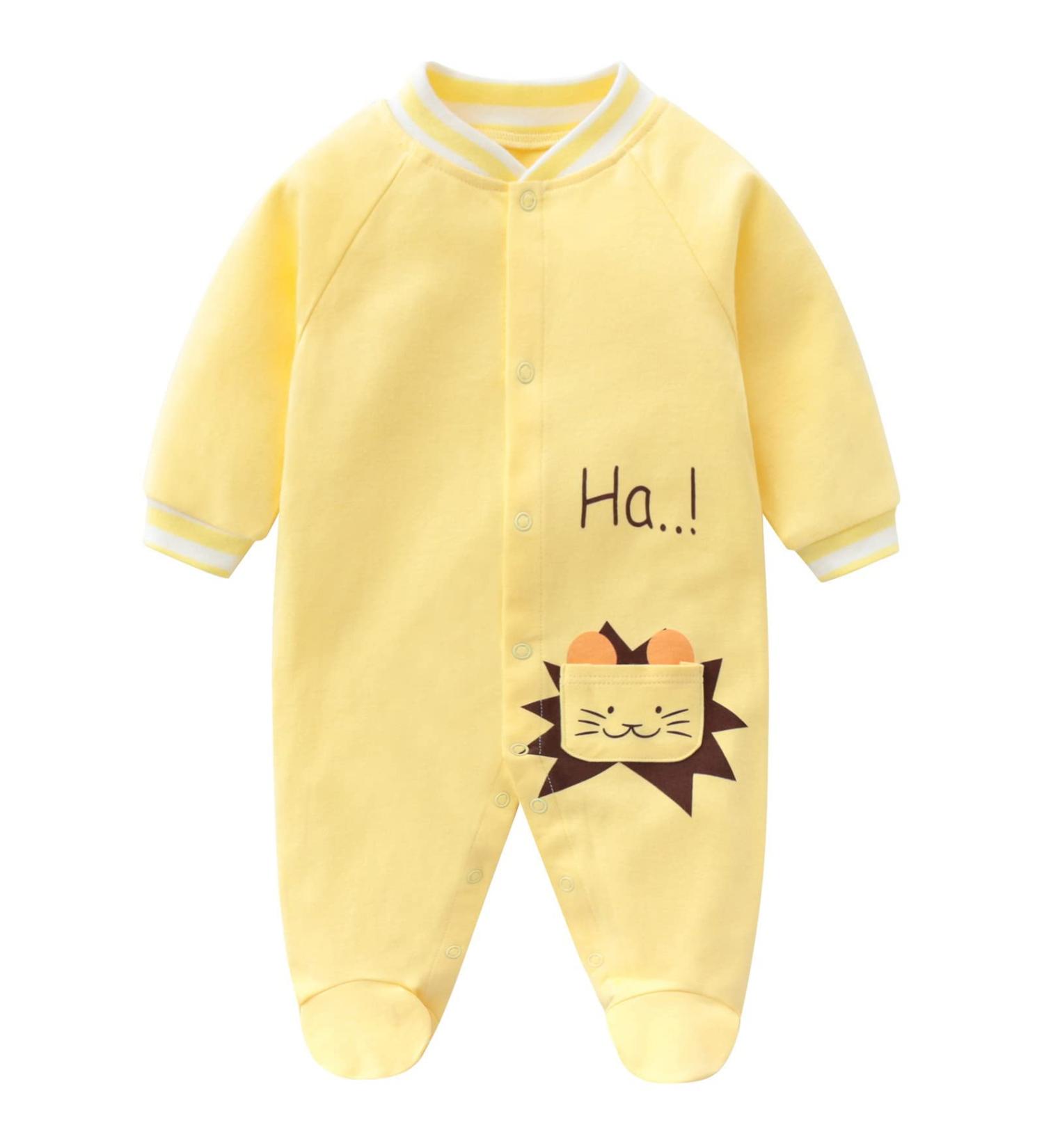 JiAmy Baby Romper Cotton Footie Onesie | Long Sleeve Sleepsuit Pajamas | 9-12 Months - Yellow Lion Design - Buy Online on GoSupps.com