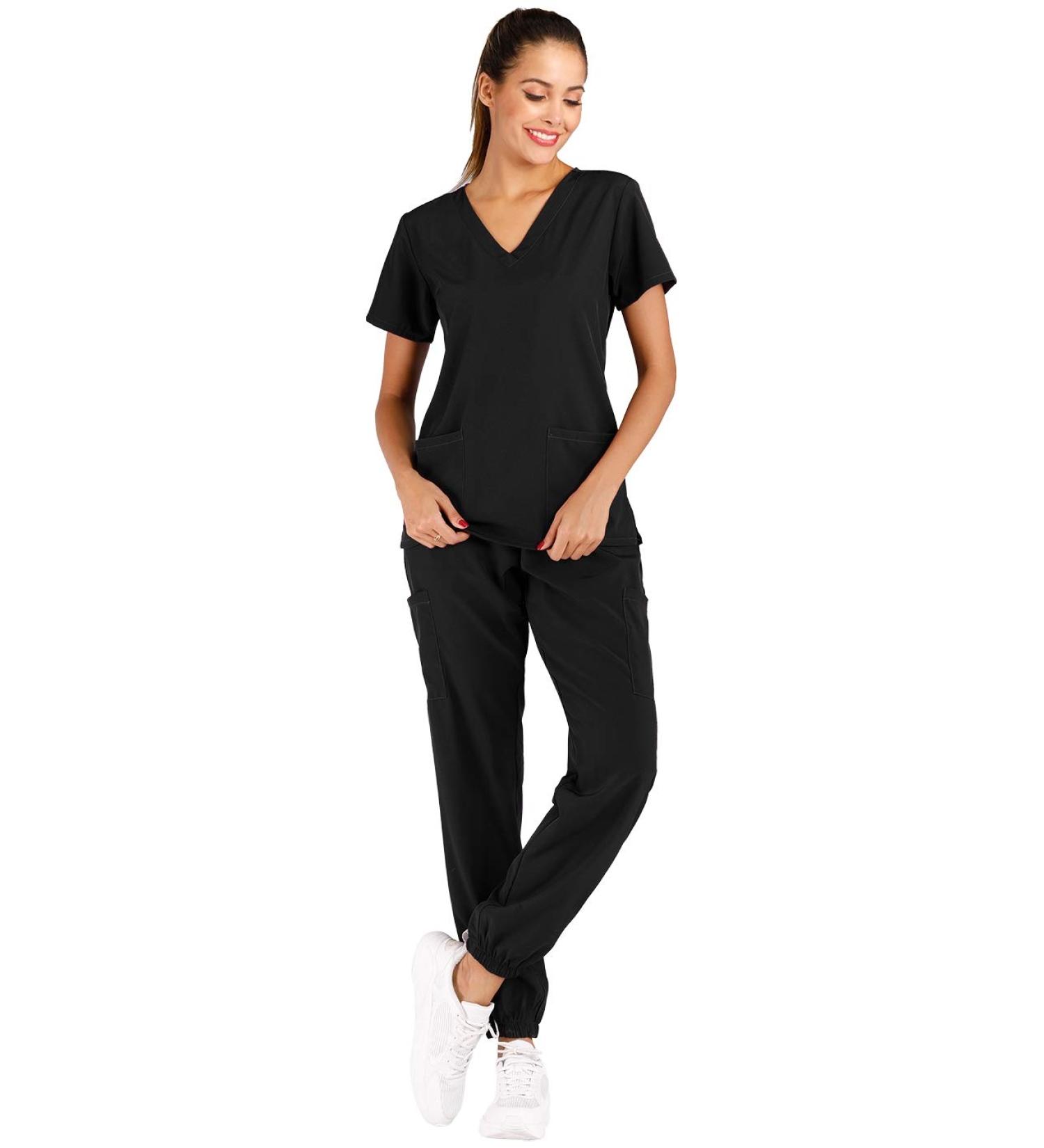 Minty Mint Women's Solid Stretch Medical Uniform Scrub Set - V Neck Top & Cargo Jogger Pants - Black, Medium Size - Buy Online on GoSupps.com