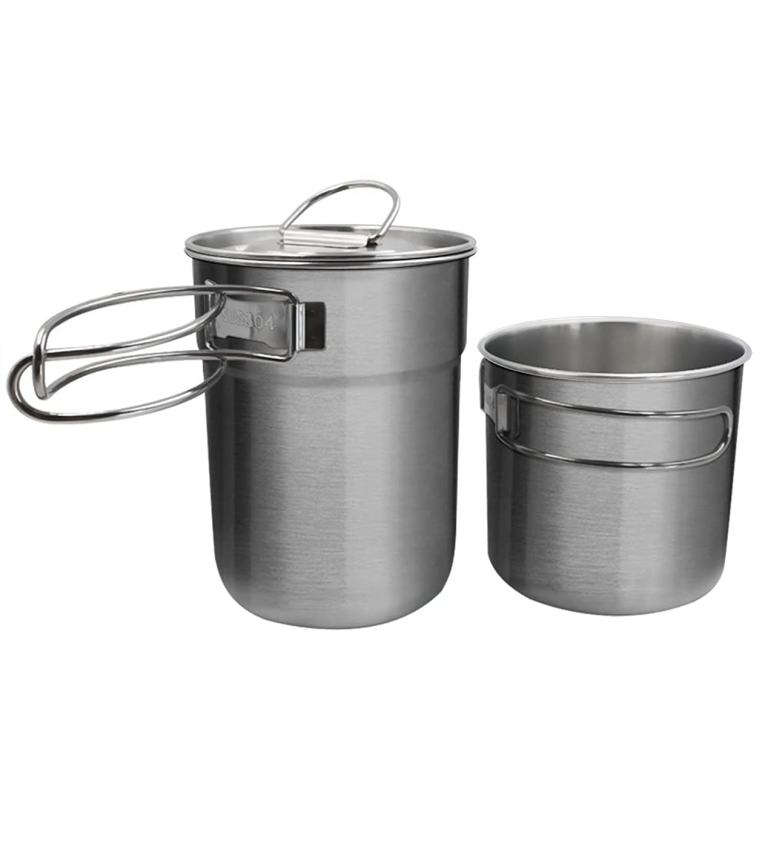 2Pcs Foldable Camping Cups & Mugs Pot Set | 304 Food-Grade Stainless Steel | Outdoor Cookware with Vented Lid | 33oz Big & 24oz Small - Buy Online on GoSupps.com