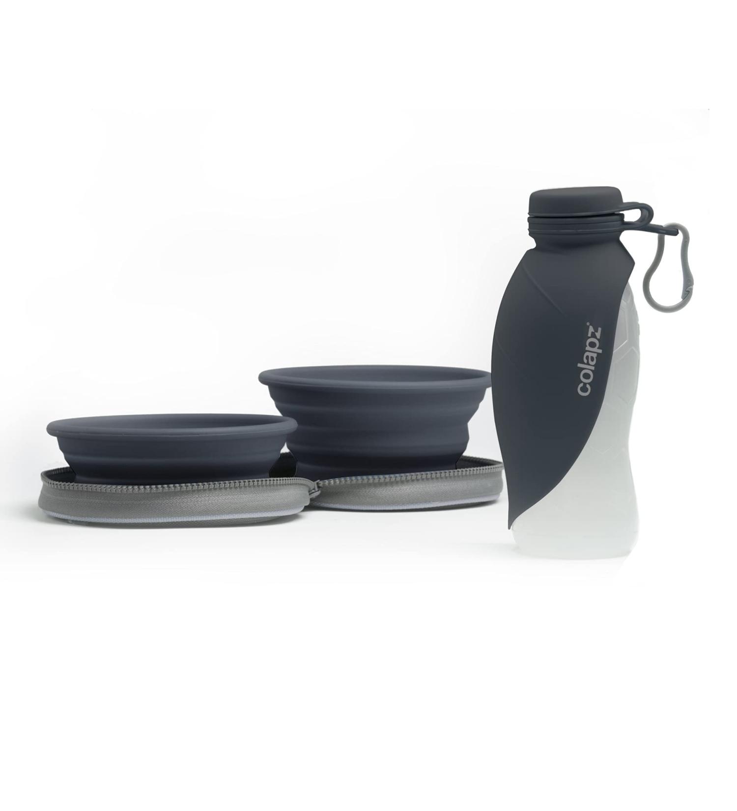 Travel Set: Foldable Dog Bowls & Water Bottle for On-the-Go - Gray | Essential Travel Accessories for Pets & Puppies - Buy Online on GoSupps.com