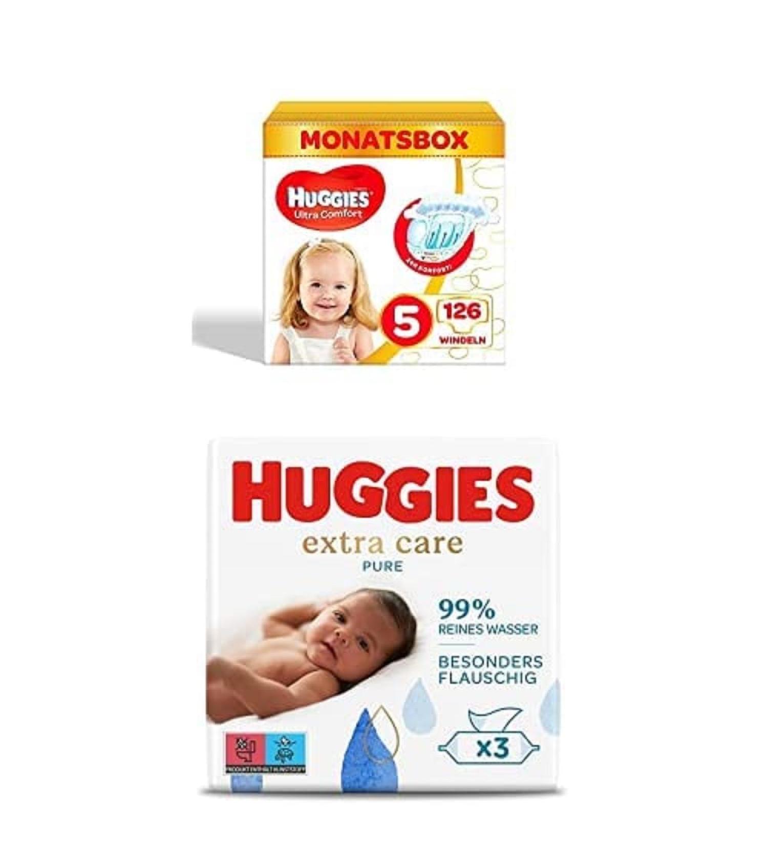 Bundle of Huggies Ultra Comfort Babywindeln Size 5 (11 25 kg) 126 pieces + Huggies Pure Extra Care Baby humidity towels for the whole body 99% pure water perfume-free 3 x 56 cloths triopack diapers size.5 + wet wipes