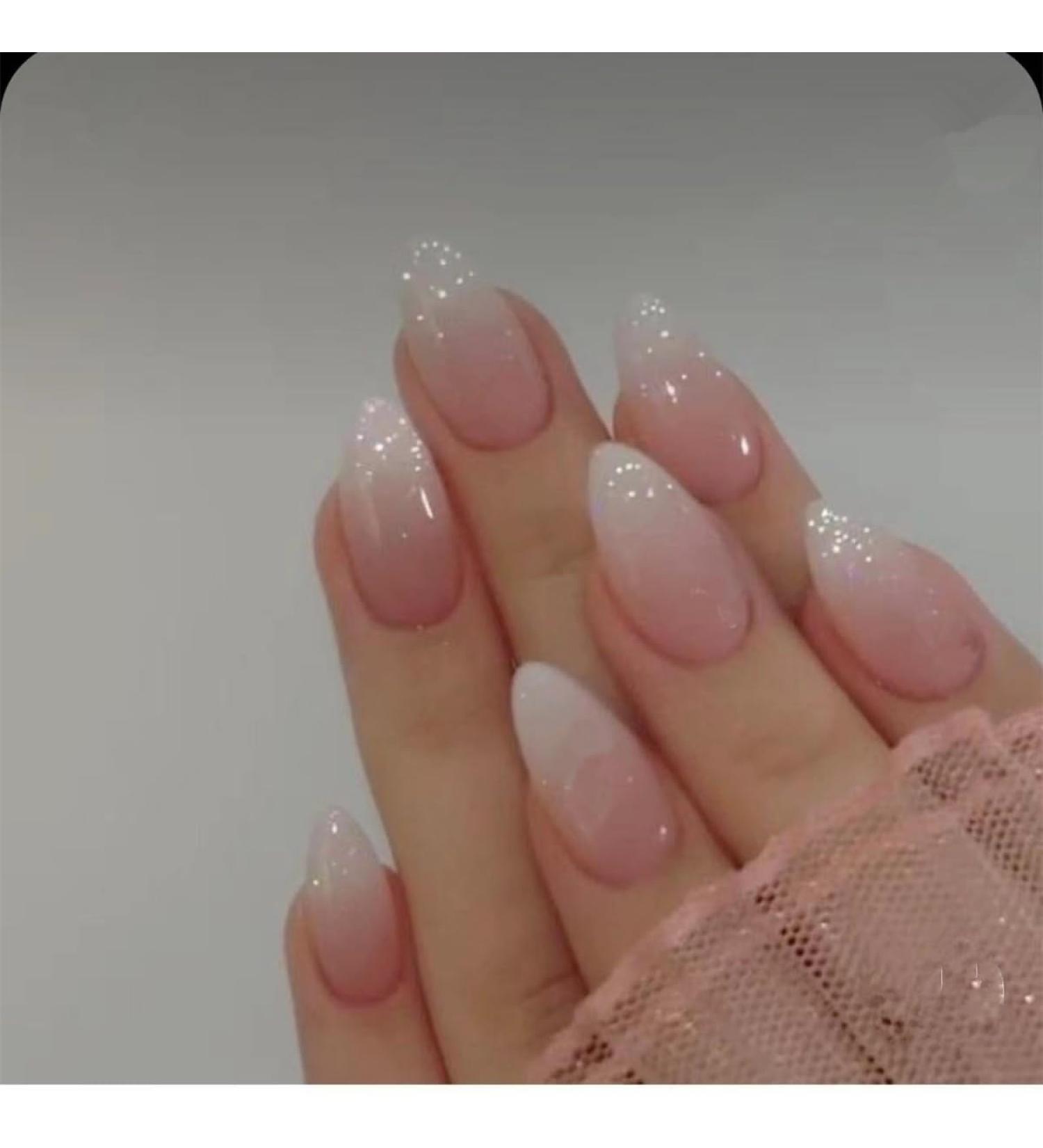 JUSTOTRY 24 Pcs Gradient Pink Almond Short False Nails Solid Nude Press on Nails Pattern Glossy Fake Nails Short Design Oval French Medium Stick on Nails for Women and Teens Nails Art 26pink&solid3 - Buy Online on GoSupps.com
