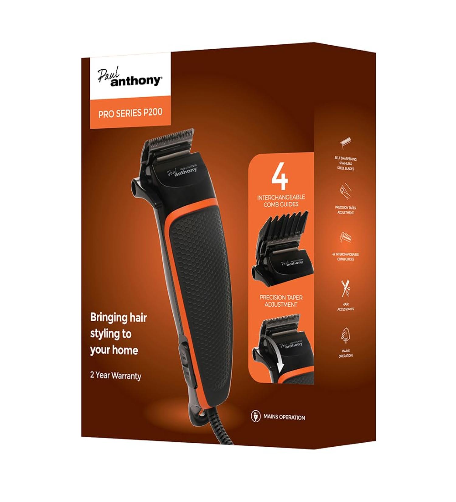 Paul Anthony 'Pro Series P200' Corded Hair Clipper - Lightweight - Self Sharpening Stainless Steel Blades - 4X Comb Guides - Precision Taper - Powerful Quiet Motor - Black/Orange - H5124 - Buy Online on GoSupps.com