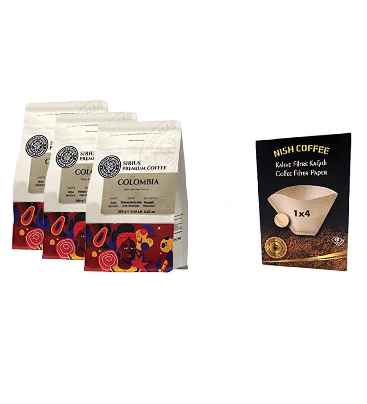 Sirius Coffee Colombia Roasted Ground Filter Coffee Set of 3+Coffee Filter Papers 40 PCS Size 1x4 (Gift Set)