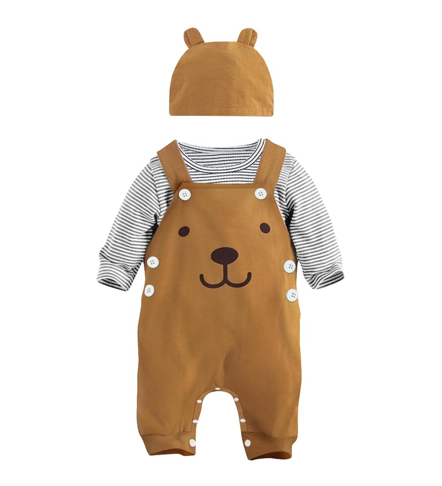 Infant Baby Boys 3pcs Clothing Set | Newborn Cotton Romper Outfits | Toddler Kids Pyjamas | Long Sleeve T-shirt + Dungarees + Hat | Brown | 0-3 Months - Buy Online on GoSupps.com