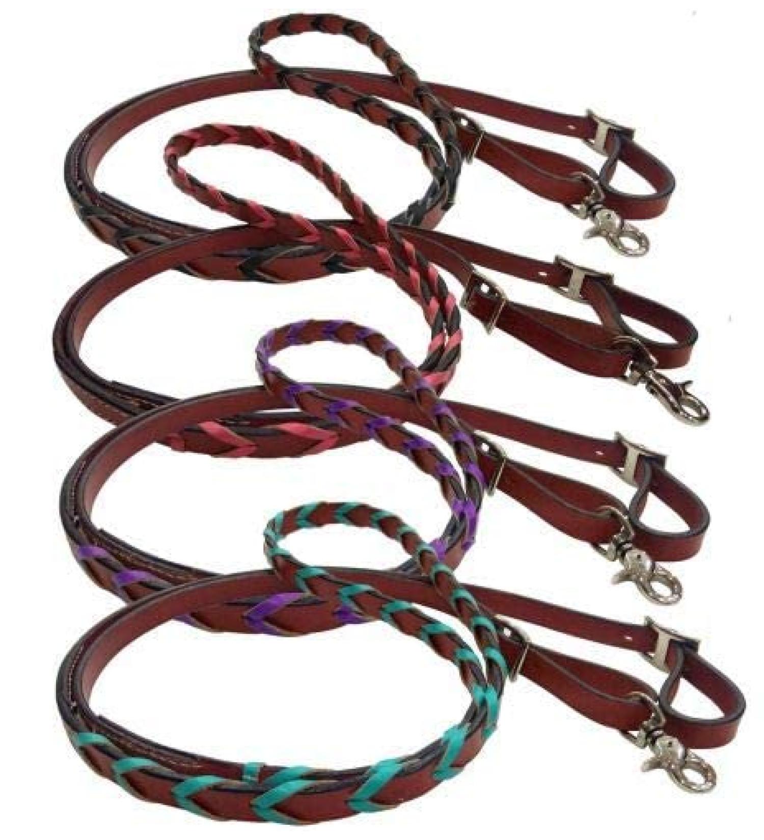 Showman Leather Braided Reins w/Colored Lacing Purple