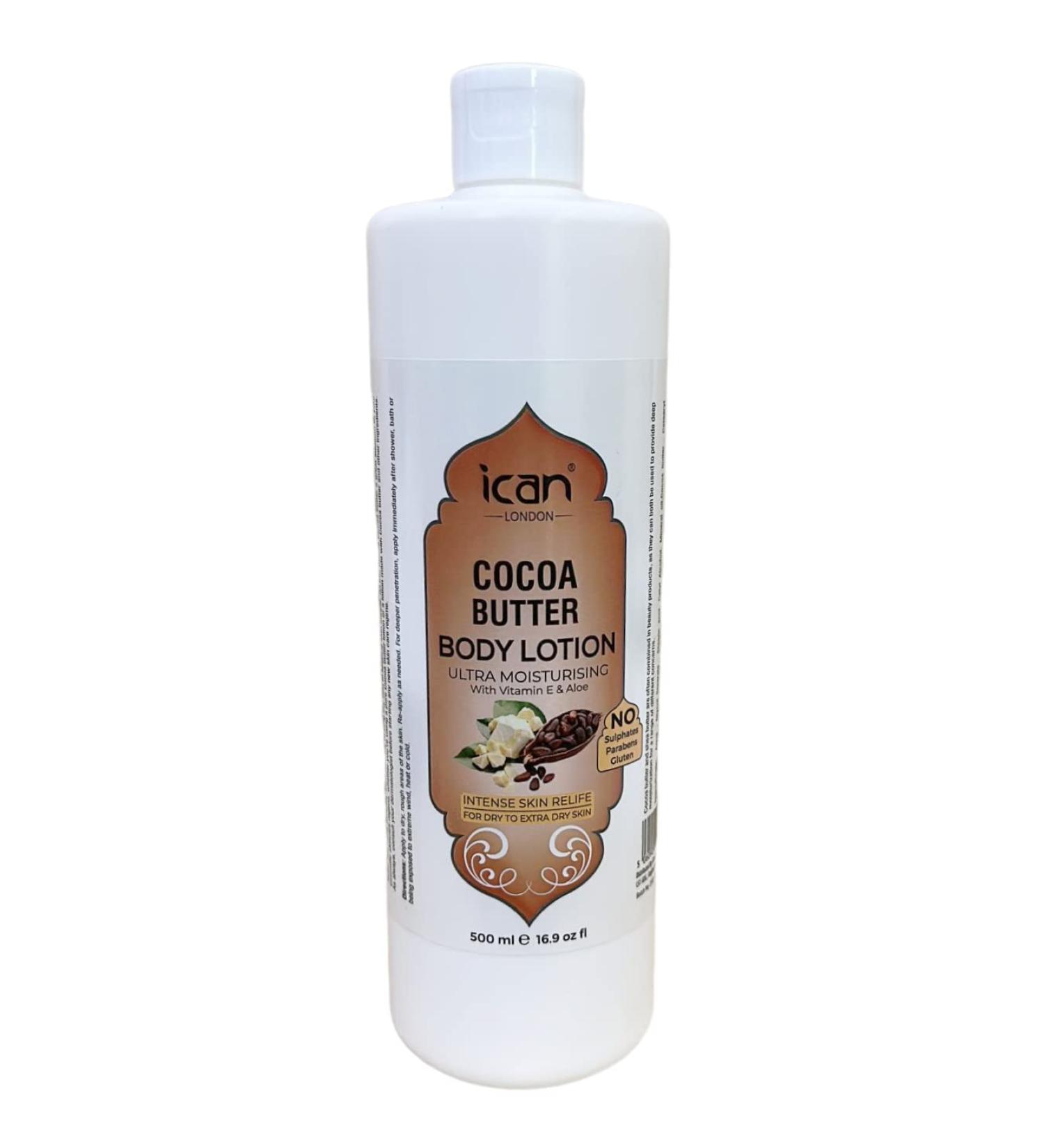 ican London Natural Cocoa Butter Ultra Moisturising Body Lotion With Vitamin E And Aloe Extract 500ml - Buy Online on GoSupps.com