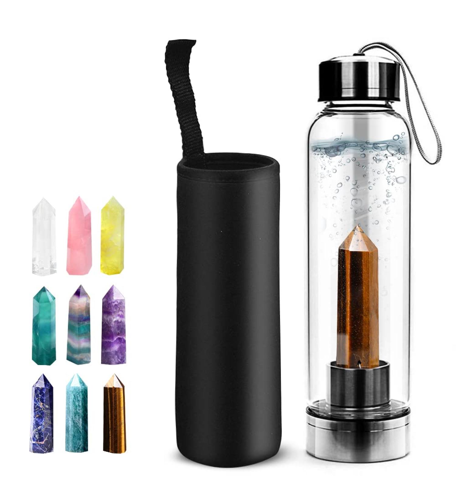 HINATAA Crystal Water Bottle - Removable Healing Natural Quartz (Tigers Eye) - 550ml | International Shipping Available - Buy Online on GoSupps.com