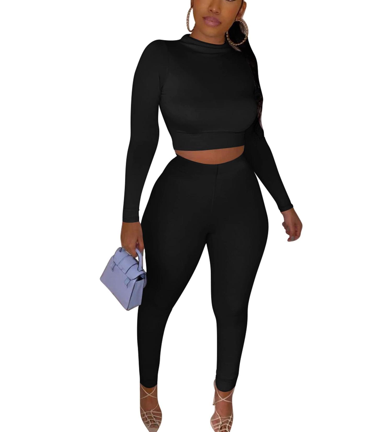 Kaximil Women's Workout Tracksuit Set - Long Sleeve Crop Top & High Waist Legging Pants - X-Large Black - Buy Online on GoSupps.com