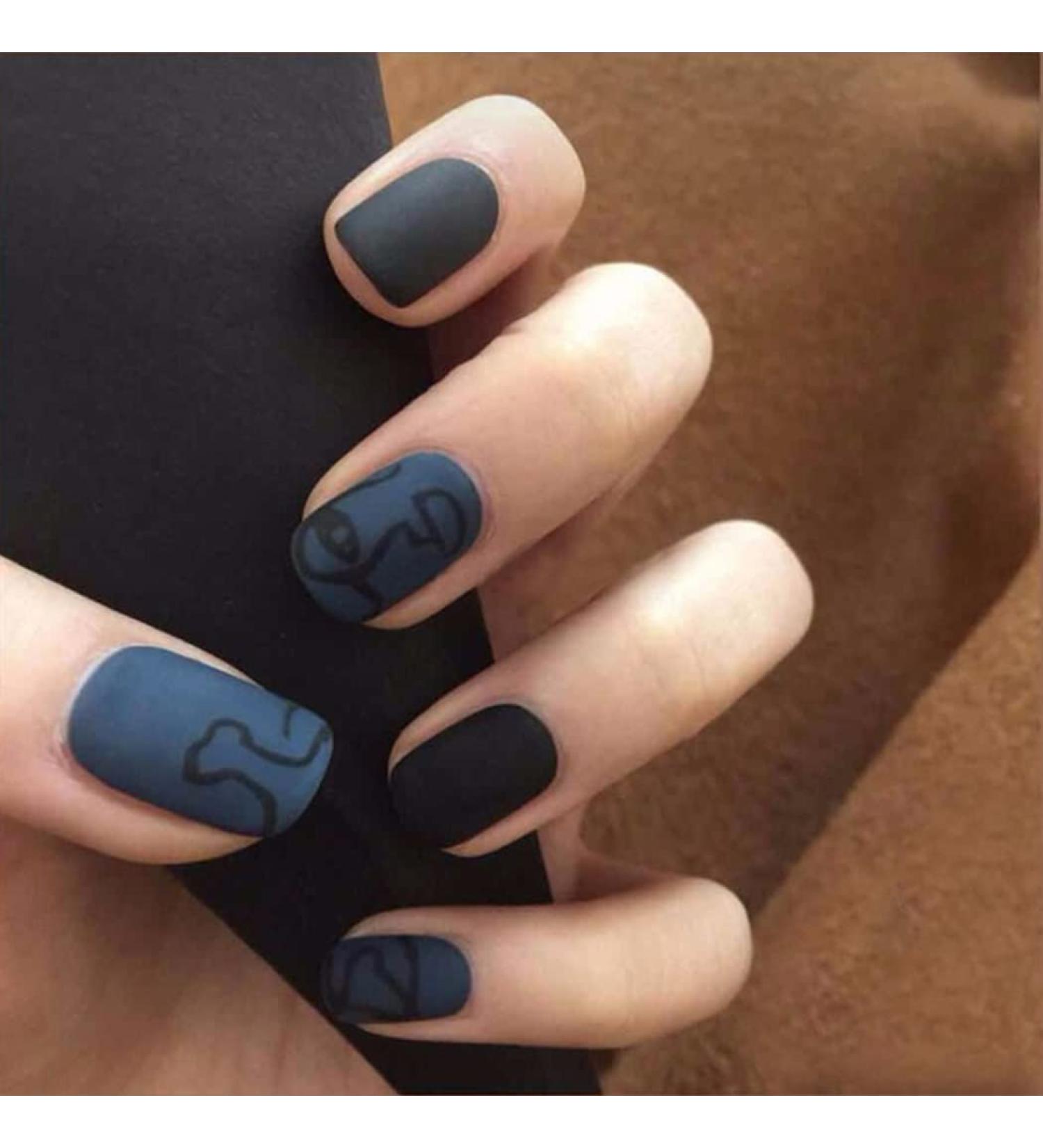 Sethexy Matte Short Square False Fingernails - Abstract Black Acrylic Press-On Nail Tips for Women & Girls | International Shipping Available - Buy Online on GoSupps.com
