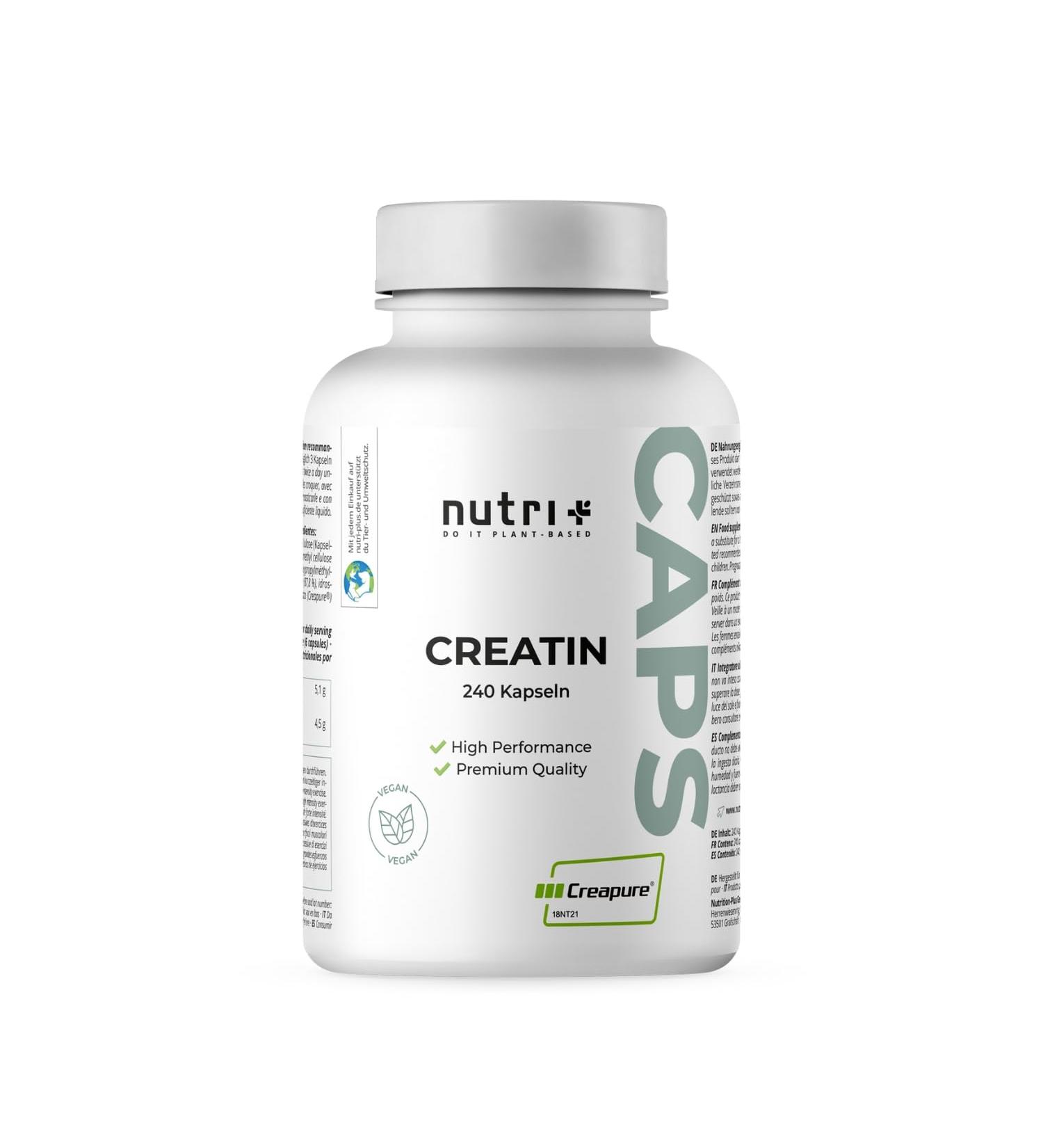 Nutri + Creatine Creapure Capsules - 99.99% Pure - Highest Dosage - 240 Vegan Capsules - 700mg Pure Creatine Monohydrate Per Capsule - Made in Germany - Buy Online on GoSupps.com