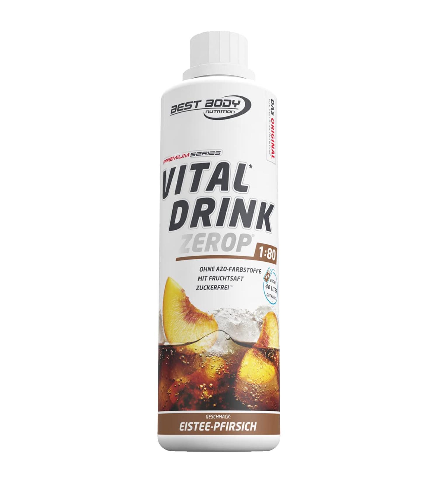 Best Body Nutrition Vital Drink Zerop - Iced Peach Beverage Concentrate - Sugar-Free Syrup (500 ml) - Makes 40 Liters - 1 Pack - Buy Online on GoSupps.com