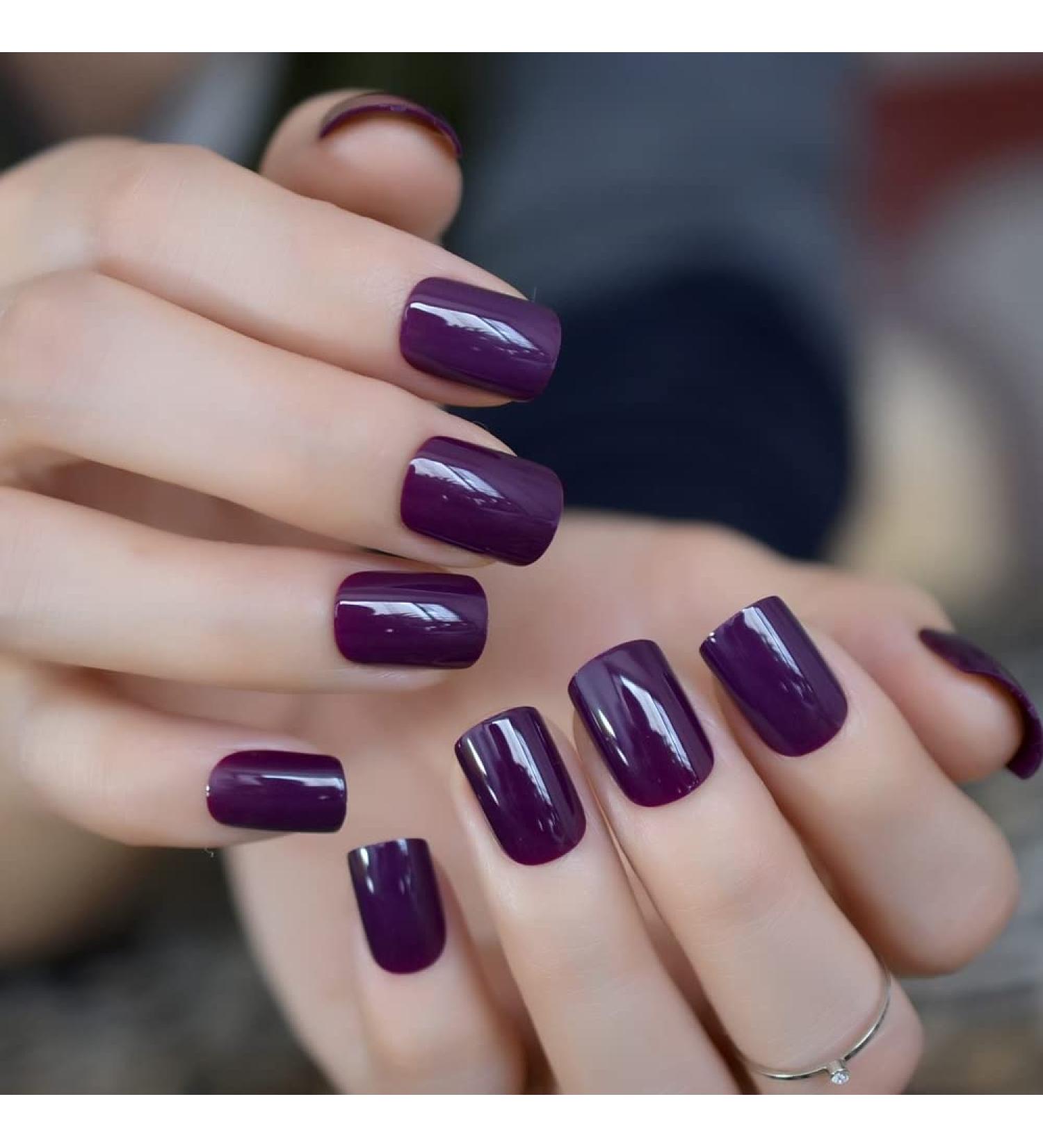 Dark Purple Pure Color Press on Nails | UV Full Cover Short Squoval Shape Reusable Fake Nails - 24 Nail Kit with Jelly Glue Pad - Buy Online on GoSupps.com
